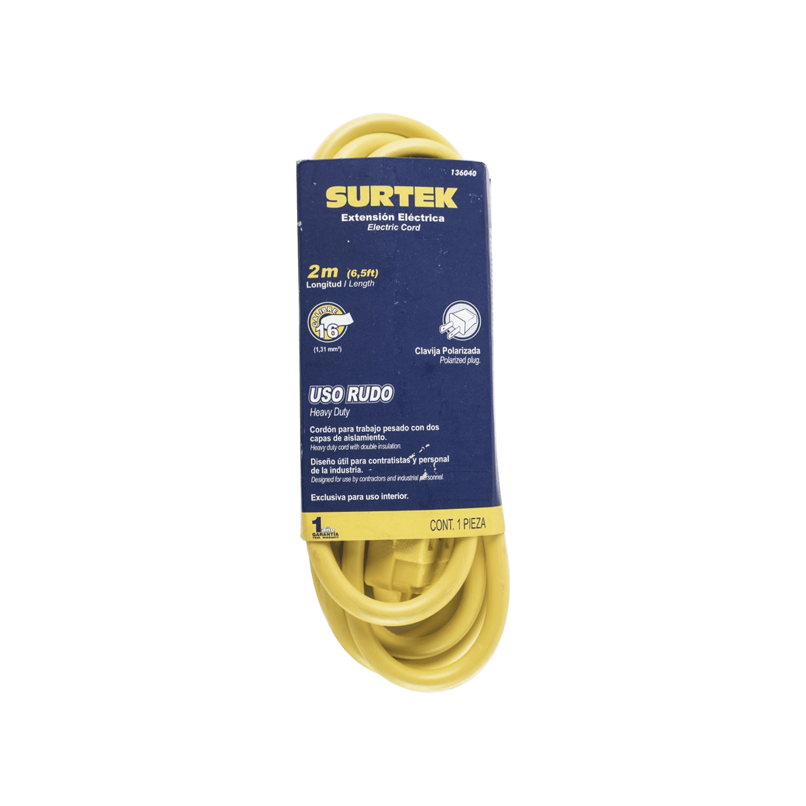 Extensión Eléctrica de Uso Rudo 2 metros / 127 V CA 10 A Máximo /  Color Amarillo. SYS-136040 - SURTEK