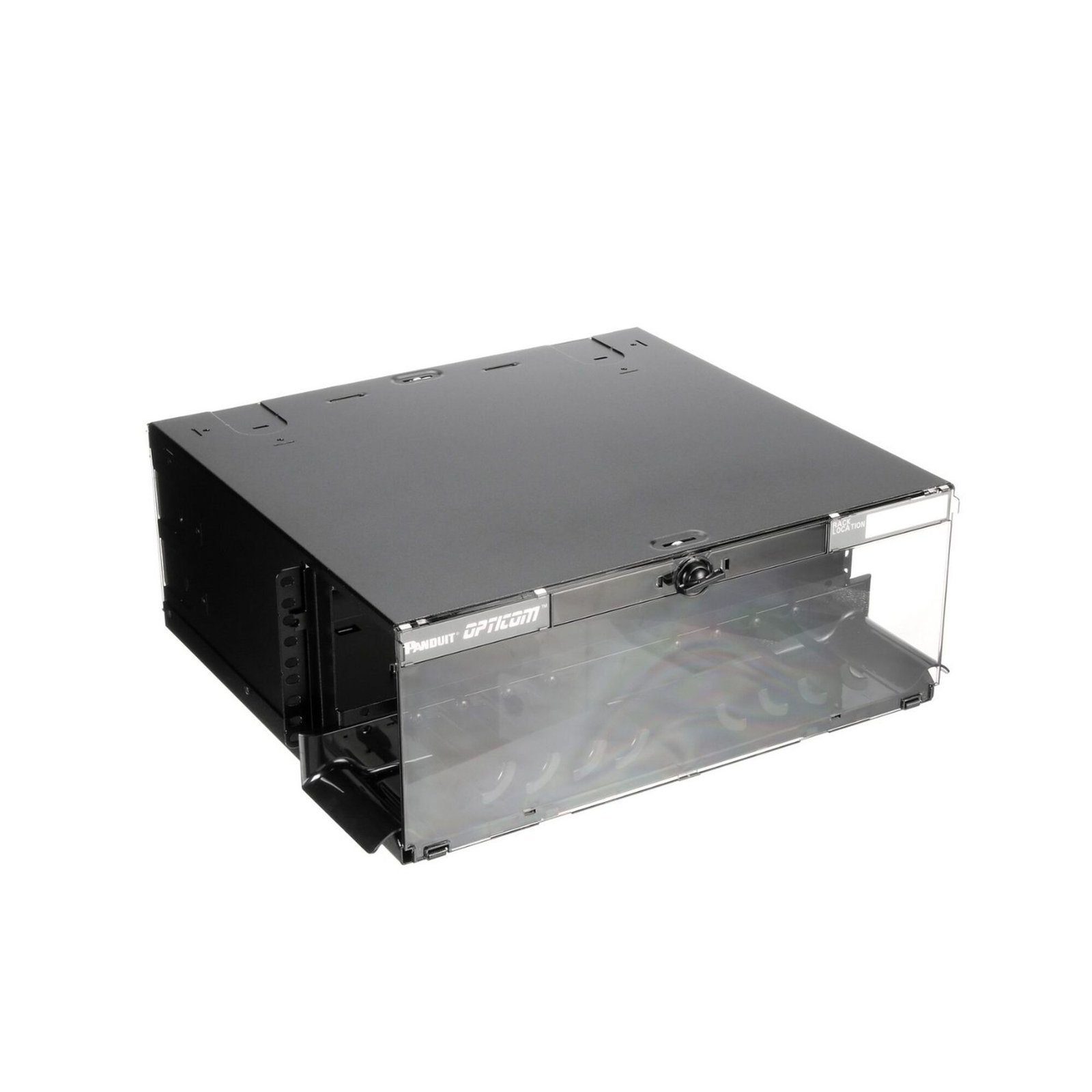 Panel de Distribución de Fibra Óptica, Acepta 12 Placas FAP o FMP, Bandeja Deslizable e Inclinable Hacia Abajo, Hasta 288 Fibras, Color Negro, 4UR FCE4U - PANDUIT
