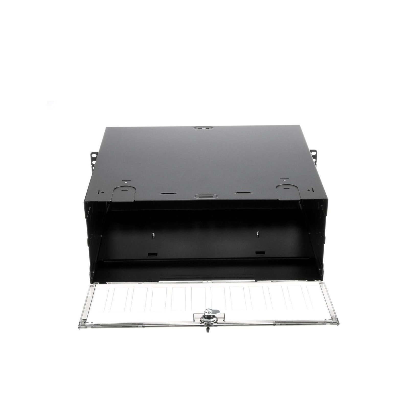 Panel de Distribución de Fibra Óptica, Acepta 12 Placas FAP o FMP, Bandeja Deslizable e Inclinable Hacia Abajo, Hasta 288 Fibras, Color Negro, 4UR FCE4U - PANDUIT