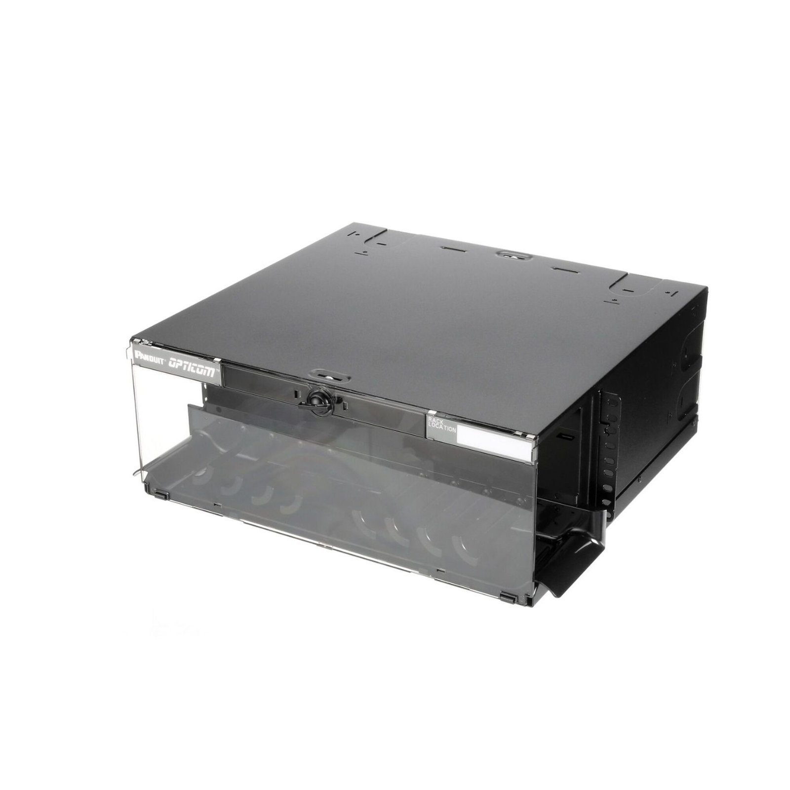 Panel de Distribución de Fibra Óptica, Acepta 12 Placas FAP o FMP, Bandeja Deslizable e Inclinable Hacia Abajo, Hasta 288 Fibras, Color Negro, 4UR FCE4U - PANDUIT