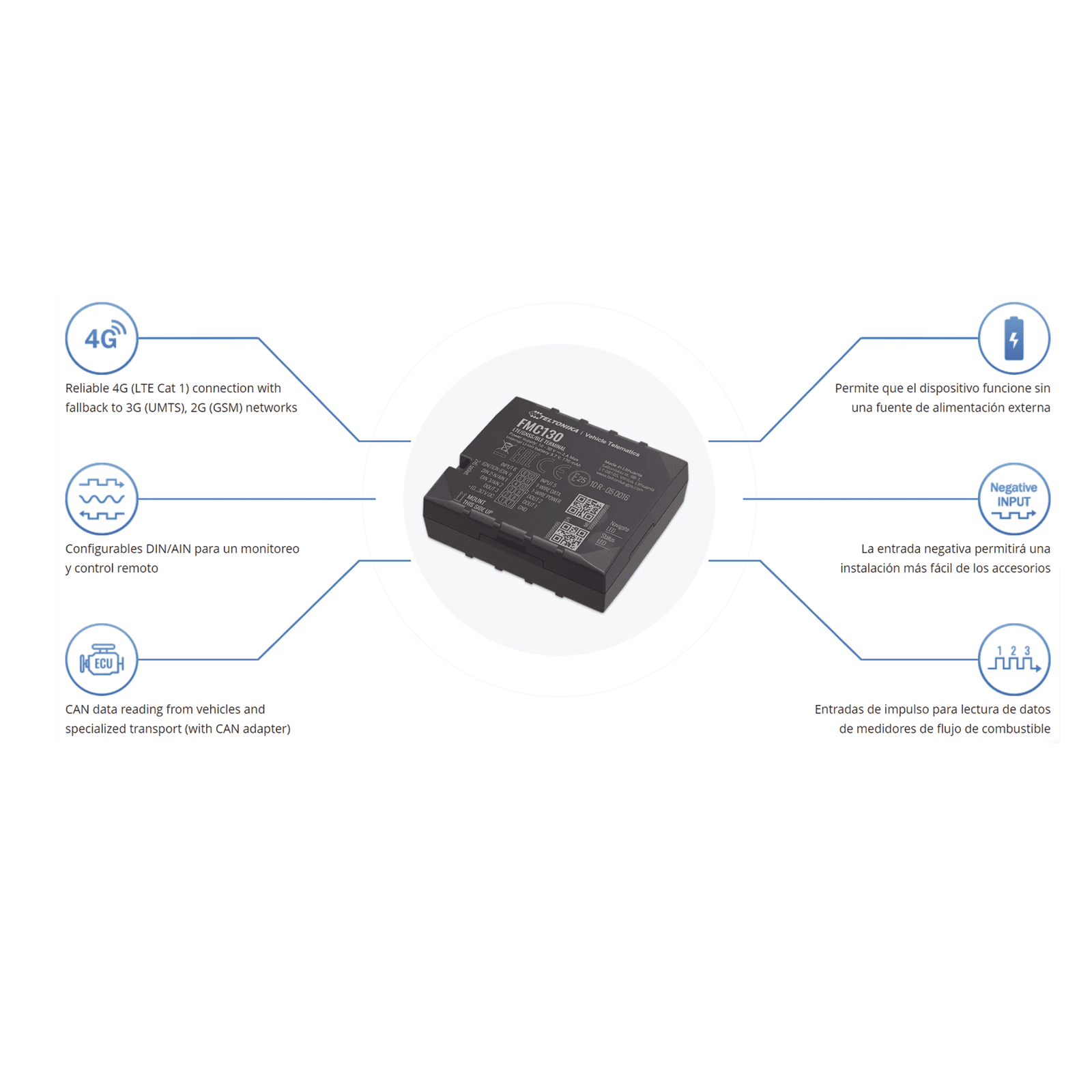 Profesional Rastreador Vehicular (GPS) 4G LTE CAT 1 y 2G / Identificación de Conductores / Bloqueo Remoto / Detección de Jammer / Sensores Bluetooth / Múltiples I/O FMC130 - TELTONIKA