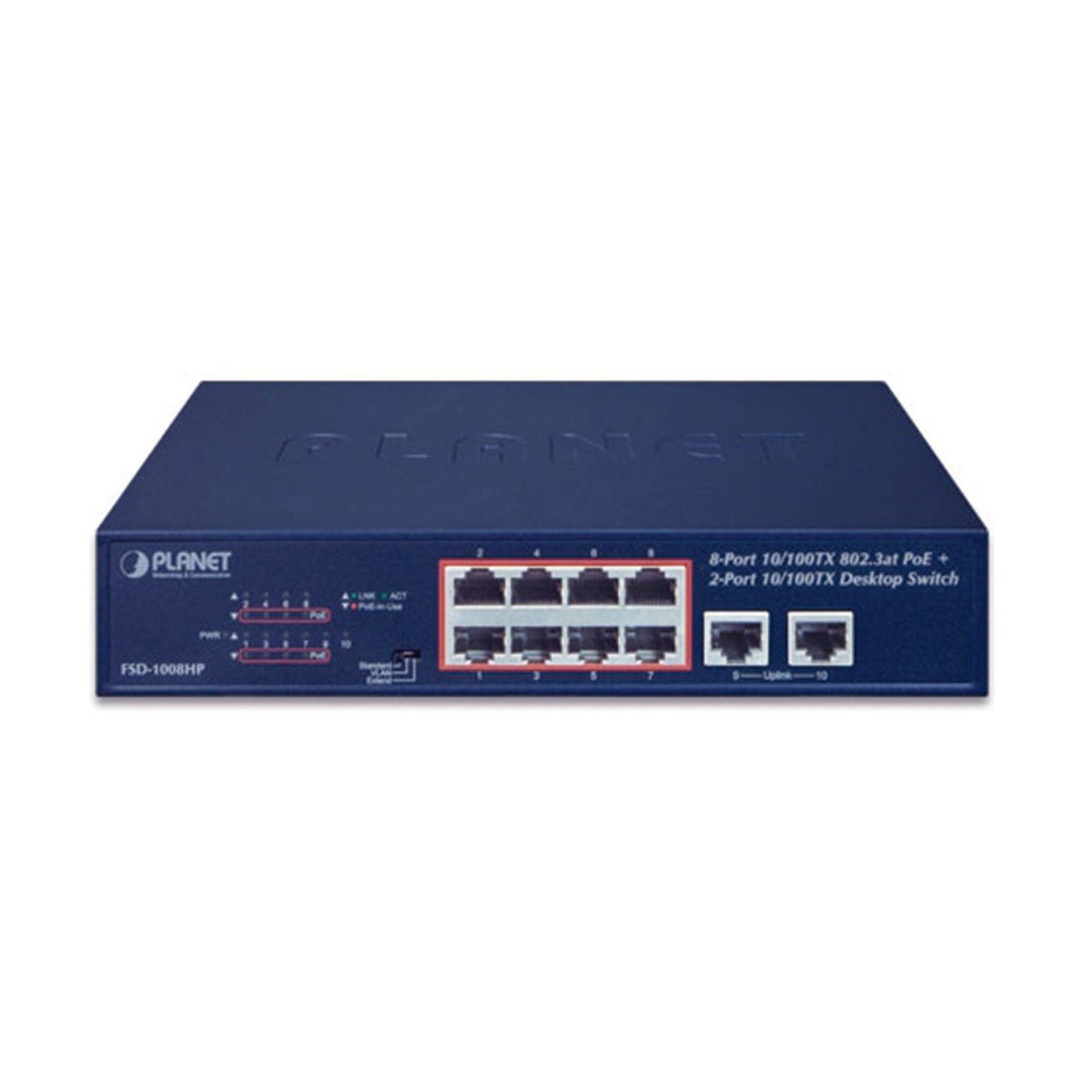 Switch No Administrable de Escritorio y Rack, 8 Puertos Fast Ethernet con PoE 802.3af/at, 2 Puertos Uplink, Hasta 250 m en Modo Extendido FSD-1008HP - PLANET