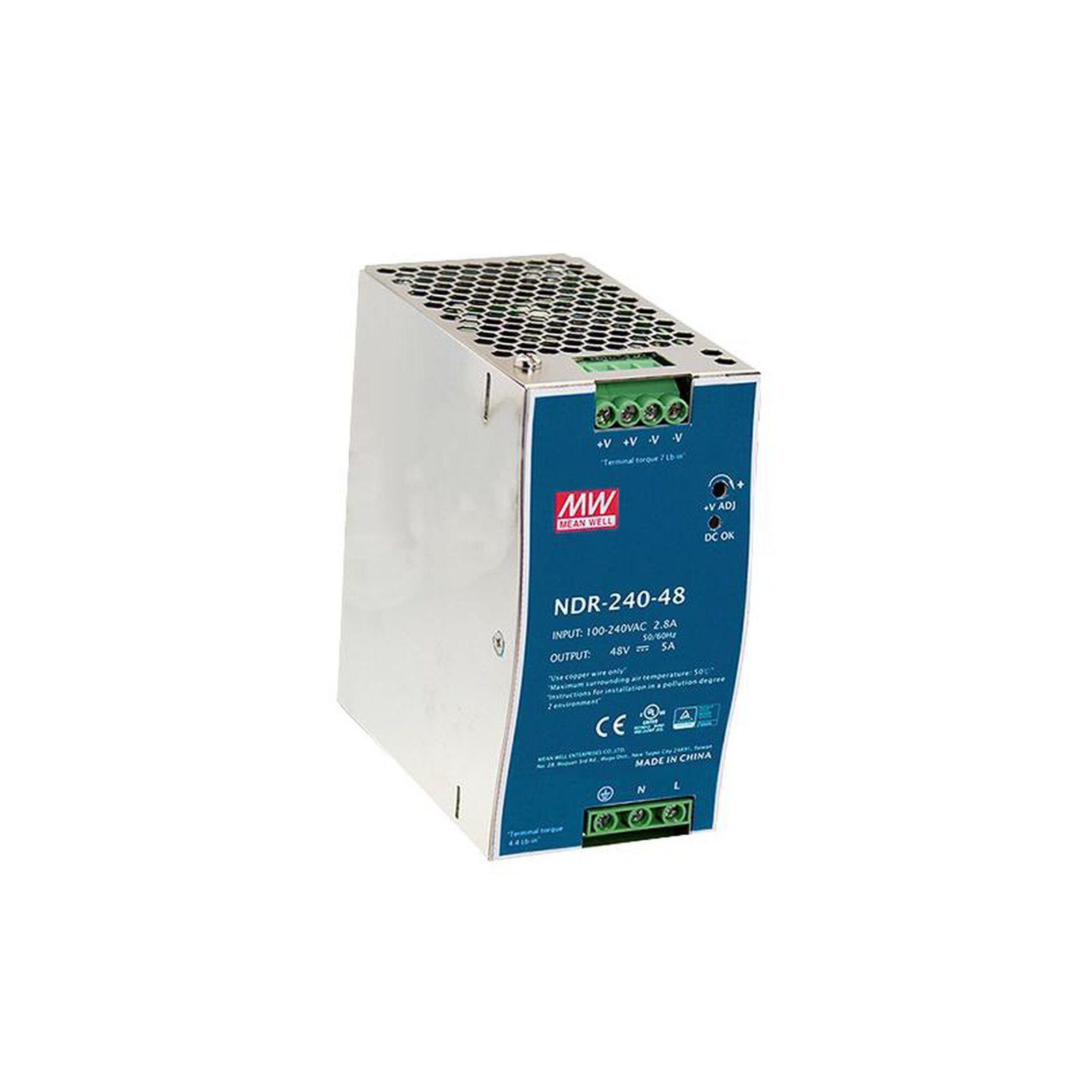 Fuente de Poder Industrial de 240W, salida 48Vcc, 5A, para montaje Riel Din NDR24048 - MEANWELL