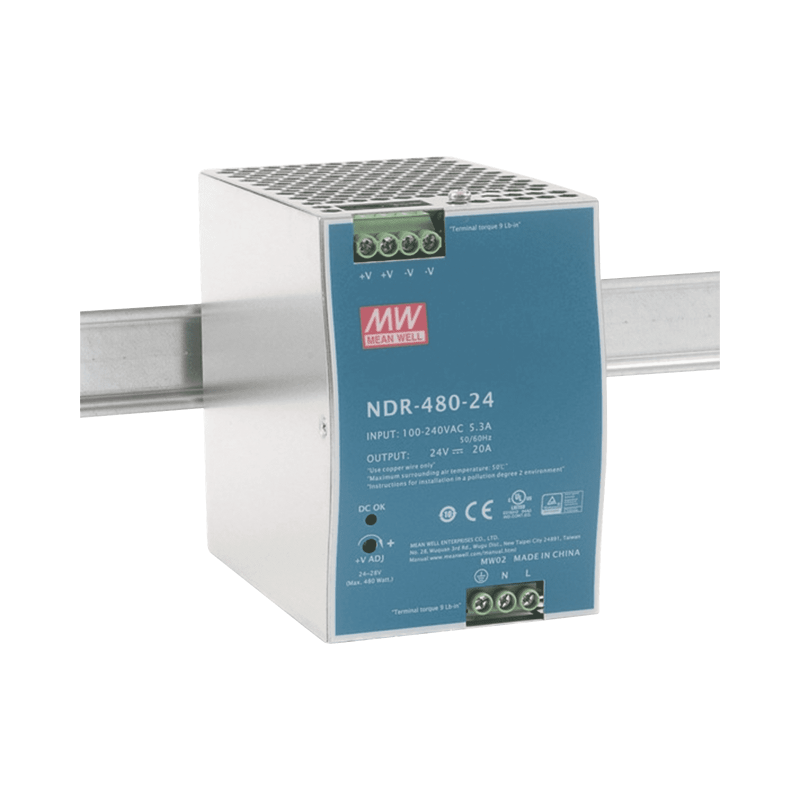 Fuente de Poder Industrial de 480W, salida 24 Vcc, para montaje en Riel Din NDR48024 - MEANWELL