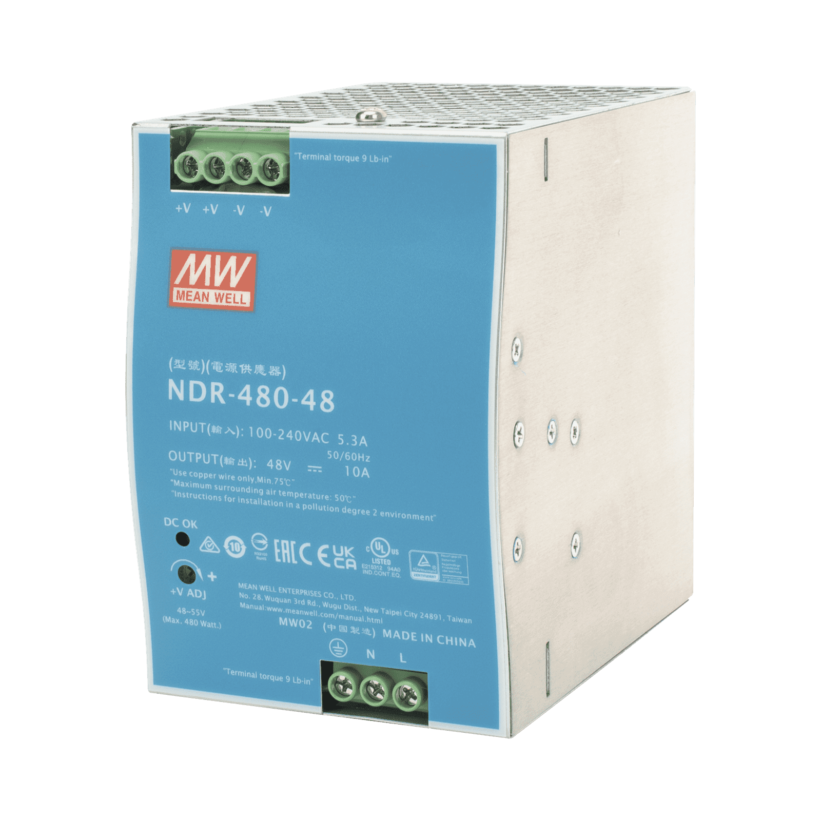 Fuente de Poder Industrial de 480W, salida 48 Vcc, para montaje en riel Din NDR-480-48 - MEANWELL