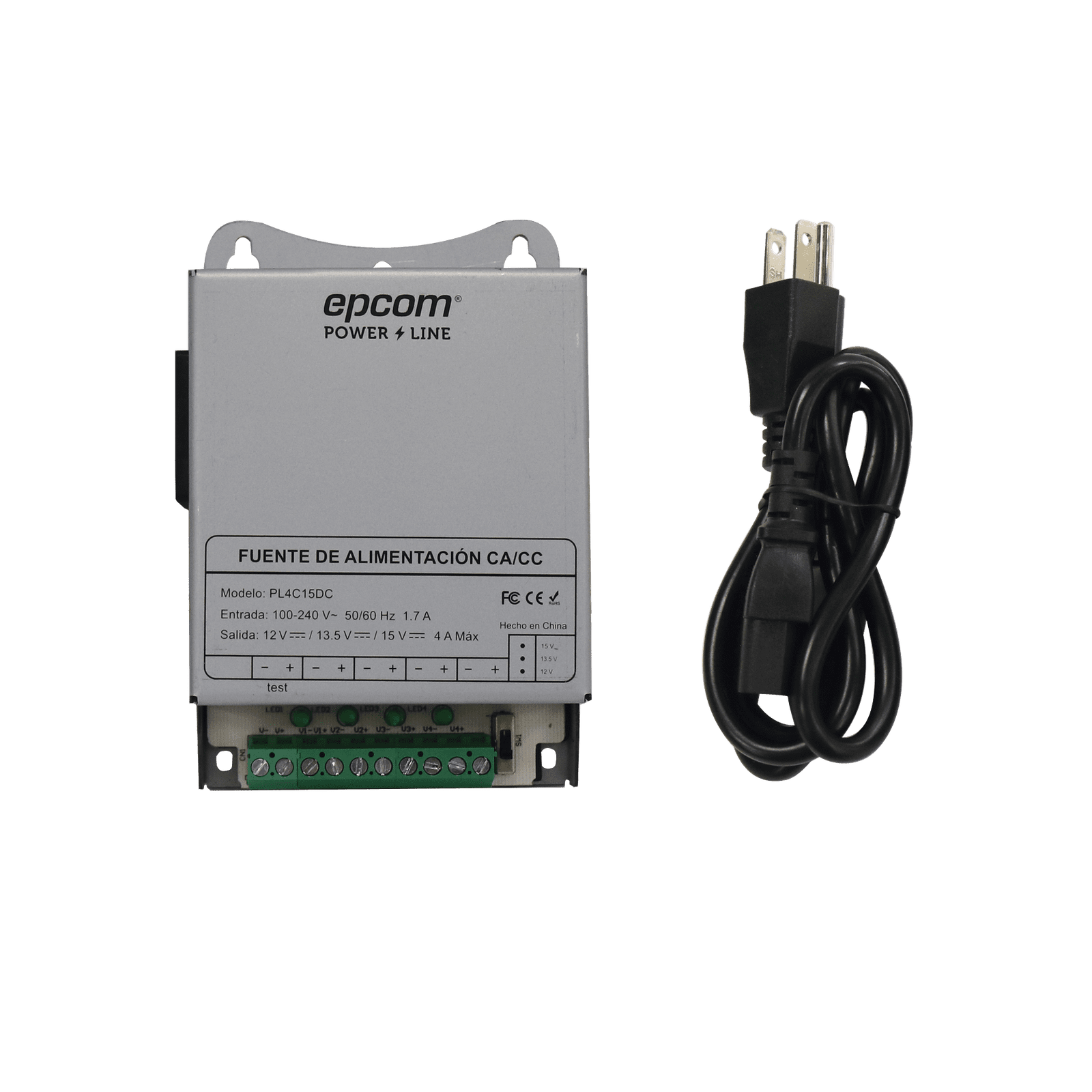 Fuente de Poder Metálica / Para 4 Cámaras / Ajustables a 12 o 13.5 o 15 Vcc / 4 Amperes / Instalación en Pared. PL-4C-15DC - EPCOM POWERLINE