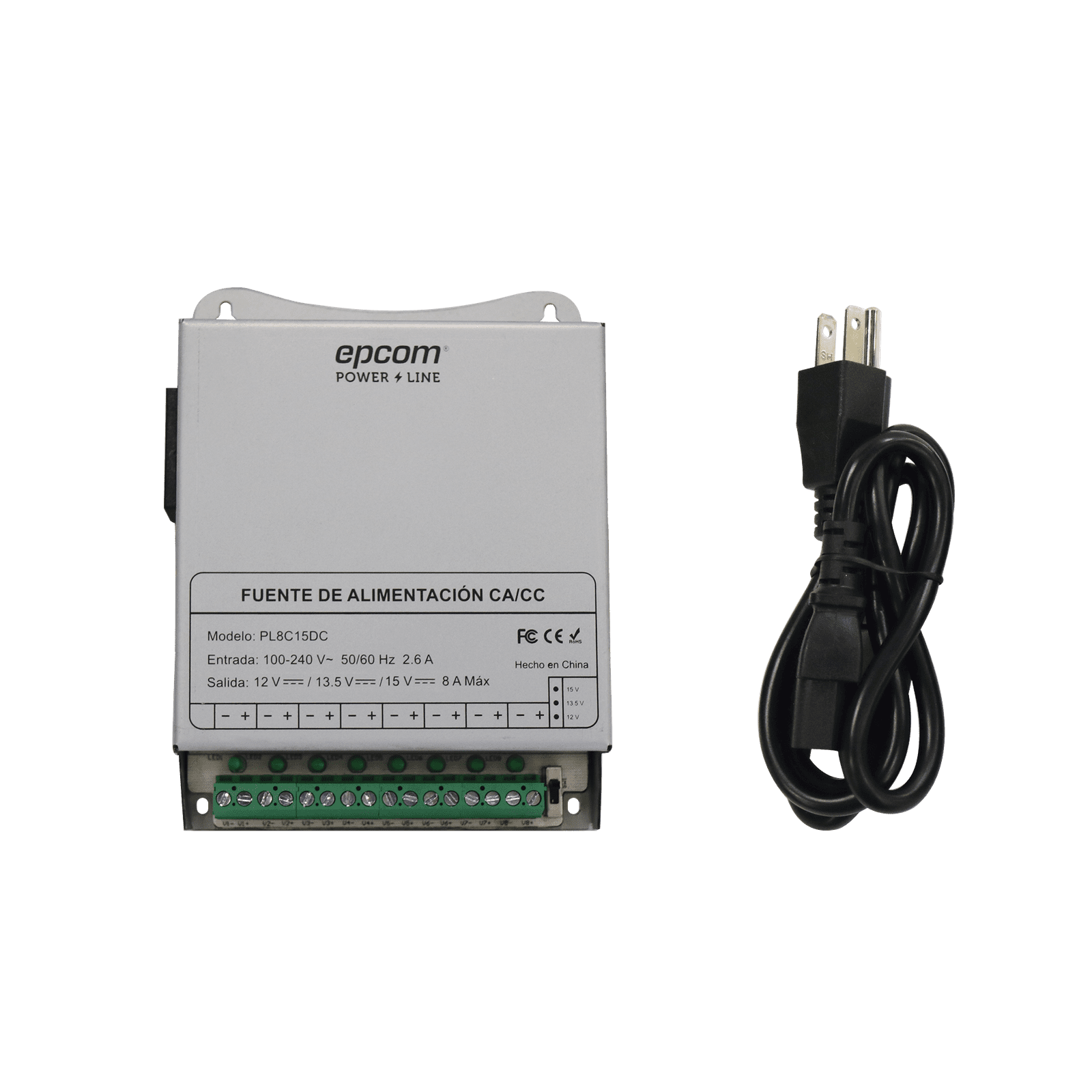 Fuente de Poder Metálica / Para 8 Cámaras / Ajustables a 12 o 13.5 o 15 Vcc / 8 Amperes / Instalación en Pared. PL-8C-15DC - EPCOM POWERLINE