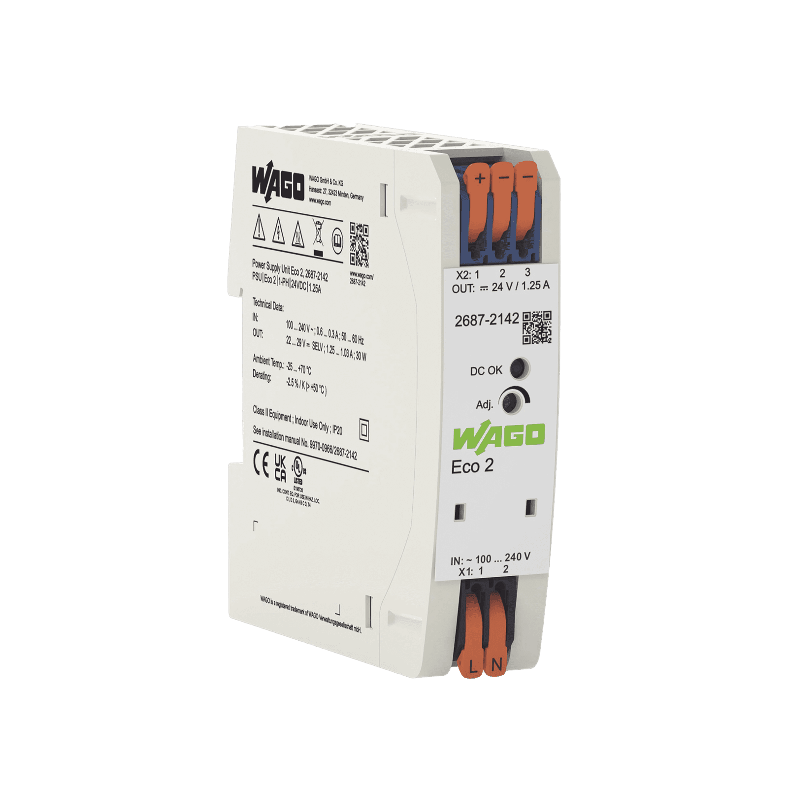 Fuente de alimentación; Eco 2; monofásico; Tensión de salida 24V DC; Corriente de salida 1,25A; DC-OK LED 2687-2142 - WAGO