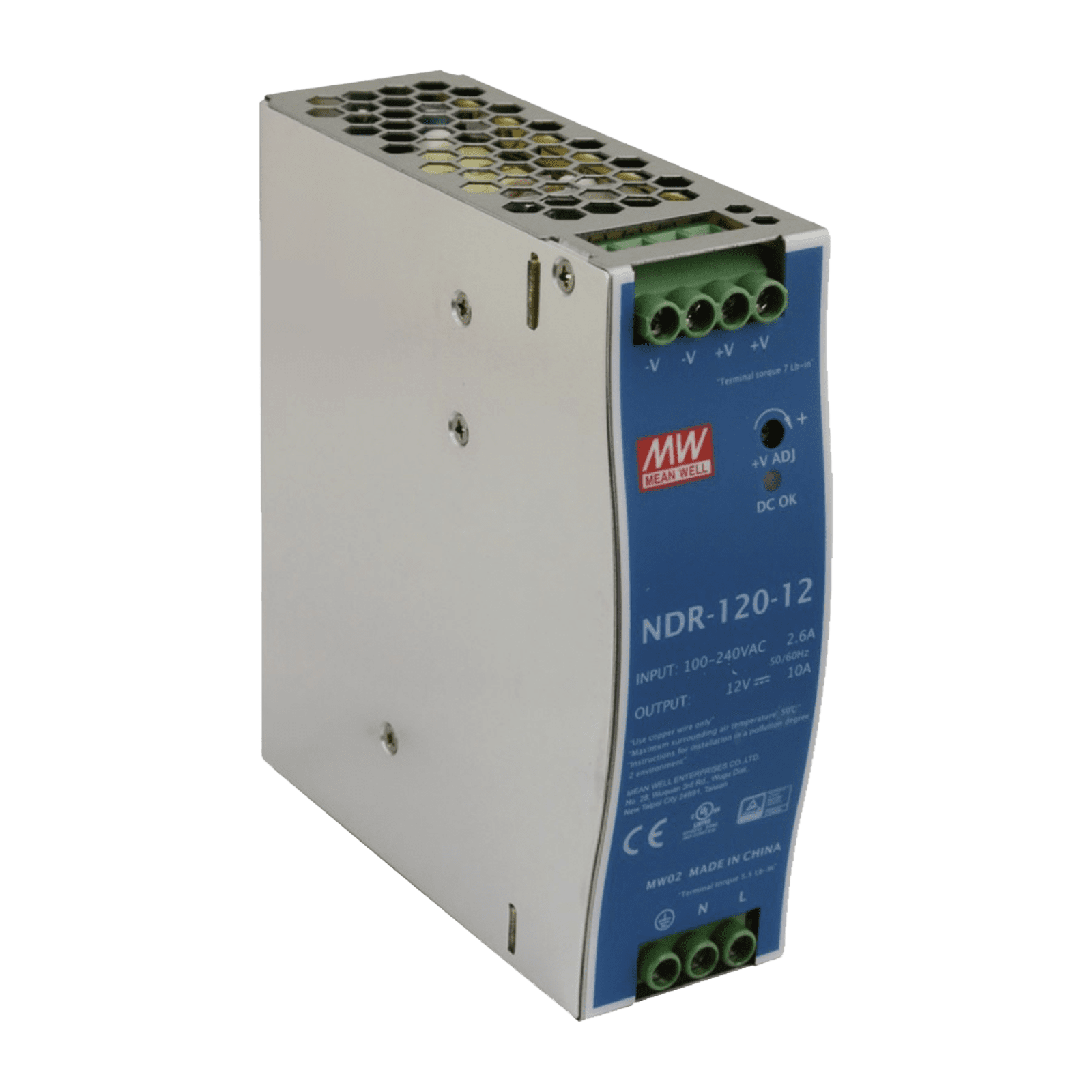 Fuente de poder industrial de 120 W, salida 12 Vcc, entrada 90~264 VCA, para montaje en riel DIN, NDR-120-12 - MEANWELL