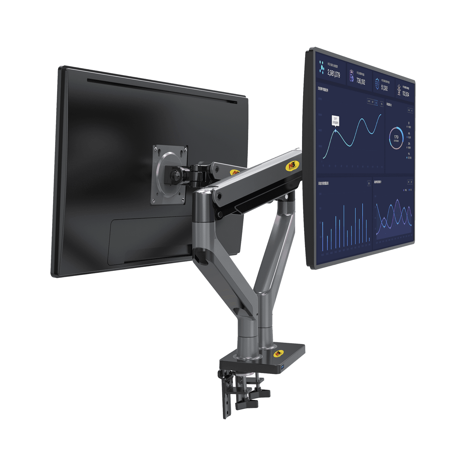 Montaje de Escritorio articulado para 2 monitores de 22″-32″ / Soporta hasta 15 kg x brazo / Vesa 75 x 75 / 100 x 100 / Acero / Giro: 360° G35NB - EPCOM