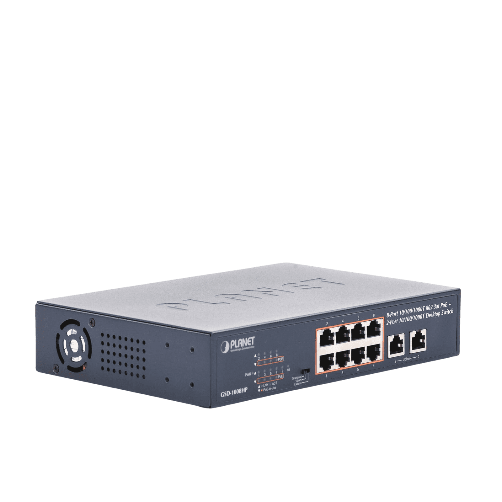 Switch PoE No Administrable, Modo Extendido Hasta 250 m, 10 Puertos 10/100/1000 Mbps, 8 Puertos PoE 802.3af/at, 2 Puertos Uplink, Hasta 120 W GSD-1008HP - PLANET