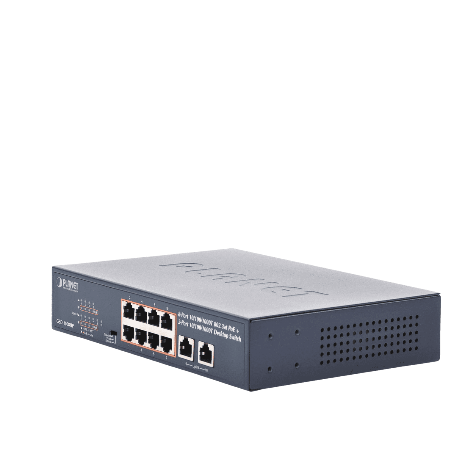 Switch PoE No Administrable, Modo Extendido Hasta 250 m, 10 Puertos 10/100/1000 Mbps, 8 Puertos PoE 802.3af/at, 2 Puertos Uplink, Hasta 120 W GSD-1008HP - PLANET