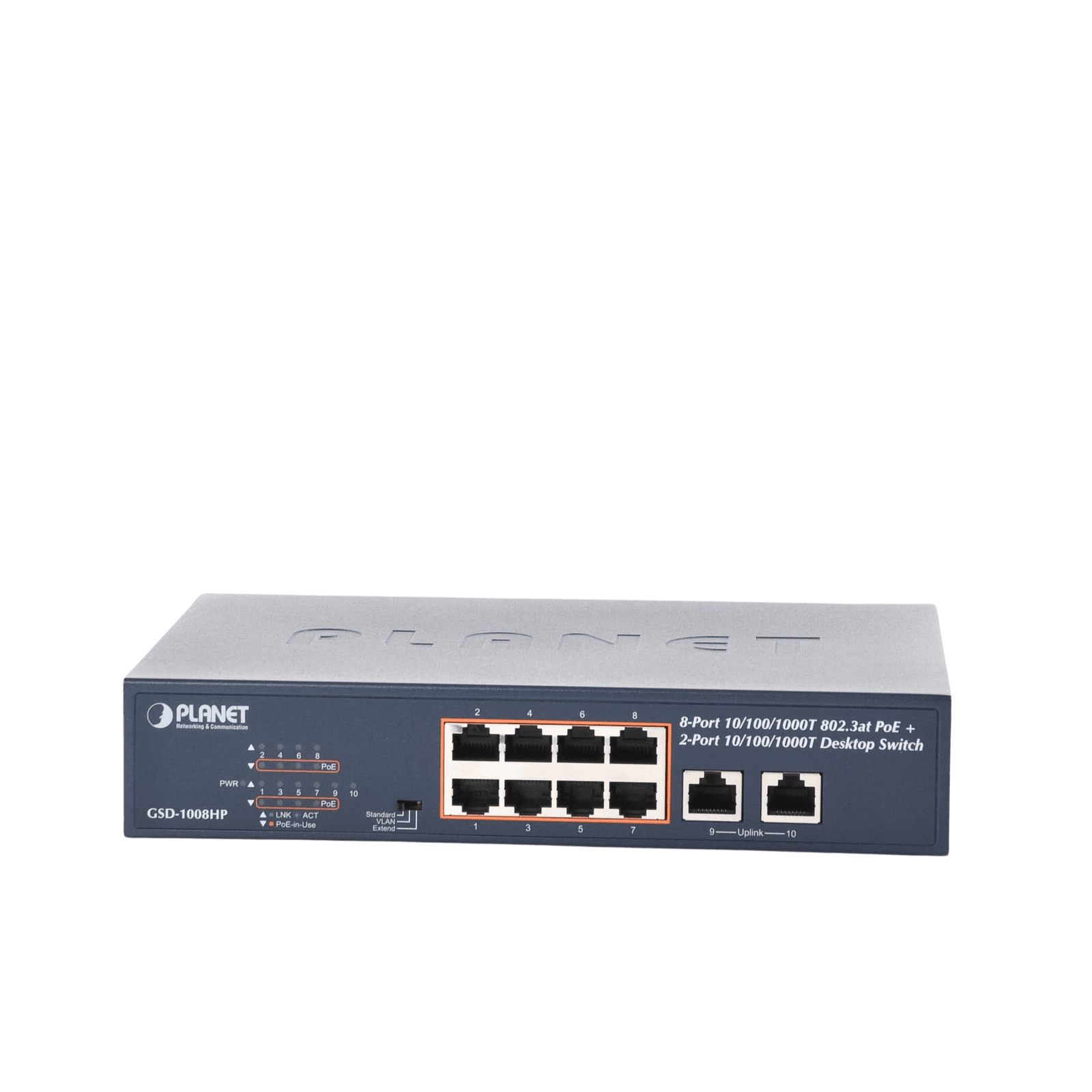 Switch PoE No Administrable, Modo Extendido Hasta 250 m, 10 Puertos 10/100/1000 Mbps, 8 Puertos PoE 802.3af/at, 2 Puertos Uplink, Hasta 120 W GSD-1008HP - PLANET