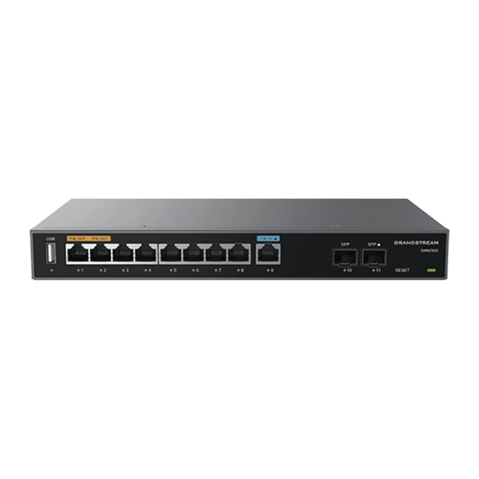 Router Gigabit VPN / Balanceador de cargas / 60,000 sesiones NAT / 9 puertos 10/100/1000 Mbps + 2 puertos SFP (WAN/LAN) / 1 puerto entrada PoE(af/at) / 2 puertos salida PoE (af/at) / Compatible con GWN Cloud. GWN7003 - Grandstream