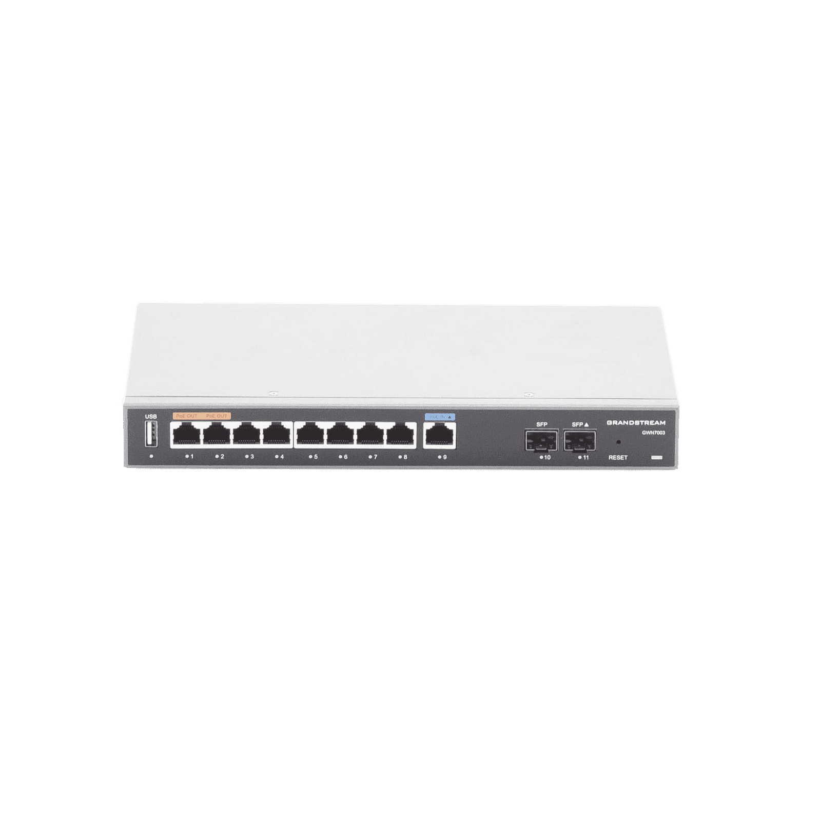 Router Gigabit VPN / Balanceador de cargas / 60,000 sesiones NAT /  9 puertos 10/100/1000 Mbps + 2 puertos SFP (WAN/LAN) / 1 puerto entrada PoE(af/at) / 2 puertos salida PoE (af/at) / Compatible con GWN Cloud. GWN7003 - Grandstream