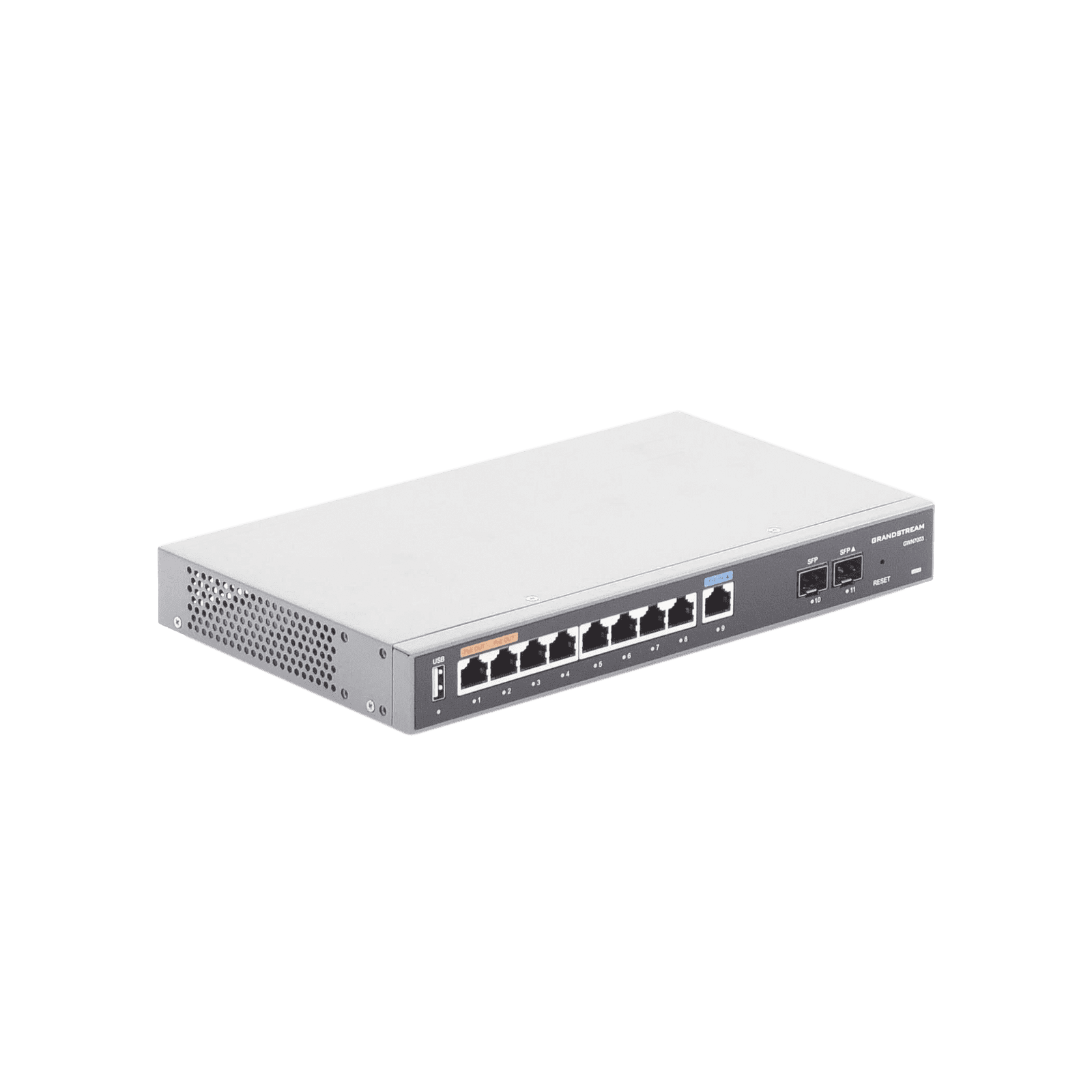 Router Gigabit VPN / Balanceador de cargas / 60,000 sesiones NAT /  9 puertos 10/100/1000 Mbps + 2 puertos SFP (WAN/LAN) / 1 puerto entrada PoE(af/at) / 2 puertos salida PoE (af/at) / Compatible con GWN Cloud. GWN7003 - Grandstream