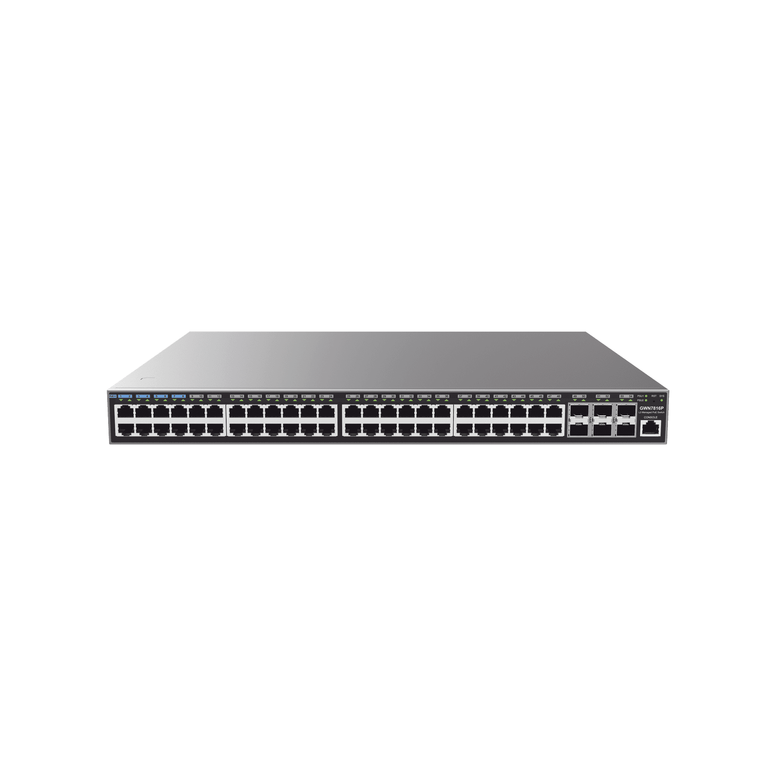 Switch Capa 3 PoE+ Administrable / 48 puertos 10/100/1000 Mbps + 6 Puertos SFP+ de 10 Gigabits / Hasta 740W / Compatible con GWN Cloud. GWN7816P - Grandstream