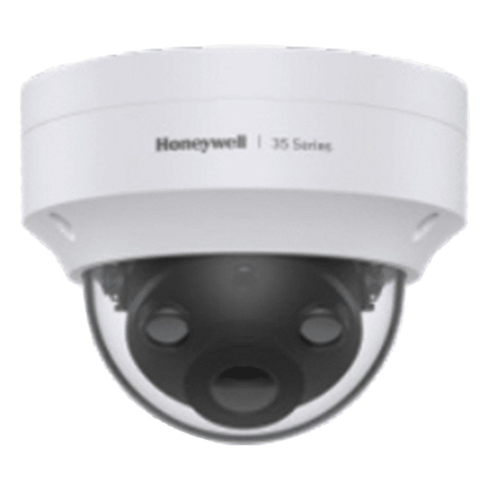 Domo IP 5 Megapíxeles / Lente 2.8 mm / 40 mts IR / Ultra Baja Iluminación /  NDAA / ONVIF / IP67 / IK10 / IA (Filtro de Humanos y Vehiculos) / Conteo de Personas / Merodeo / H.265 / PoE / Alarmas I/O / Serie 35 / Honeywell Security HC35W45R3