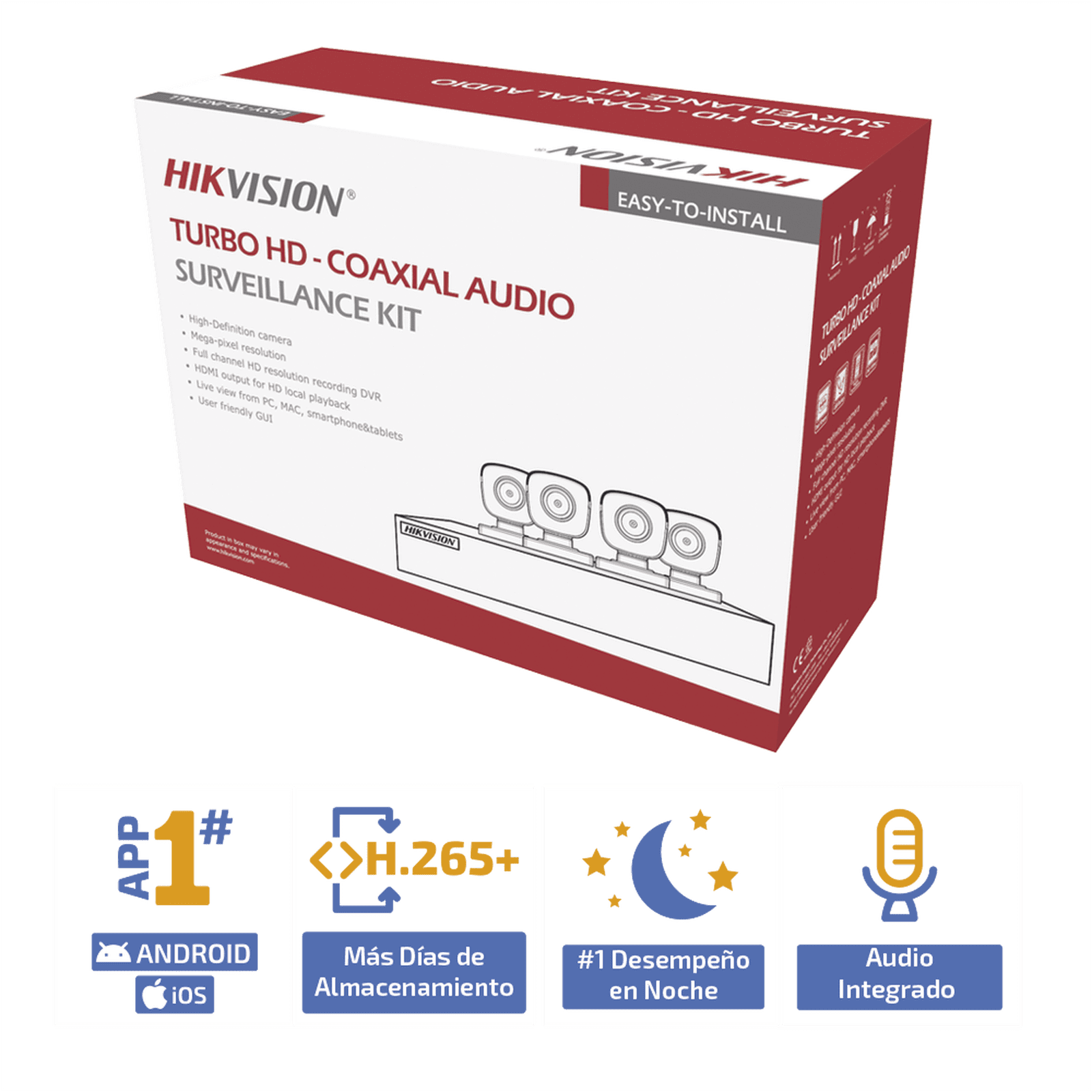 (MICRÓFONO INTEGRADO) KIT TURBOHD 5 Megapixel / DVR 4 Canales / 4 Cámaras Bala con Micrófono Integrado (exterior 2.8 mm) / Fuente de Poder / Accesorios de Instalación HIK5MPSLQ-KIT(B) - HIKVISION
