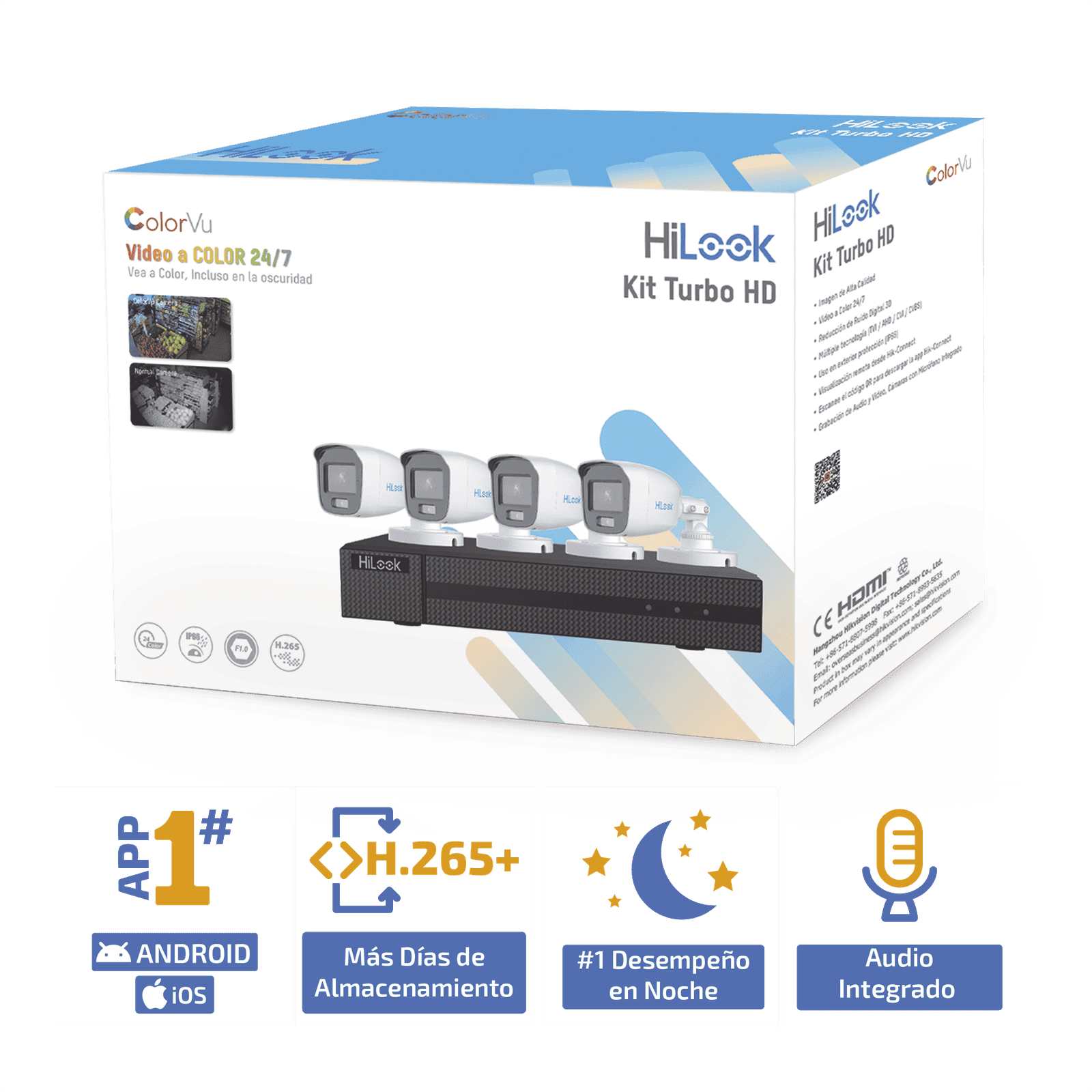 Kit TurboHD 1080p / DVR 4 Canales / 4 Cámaras Bala ColorVu con Micrófono Integrado / Fuente de Poder / Accesorios de Instalación HL-1080-CV/A - HiLook by HIKVISION