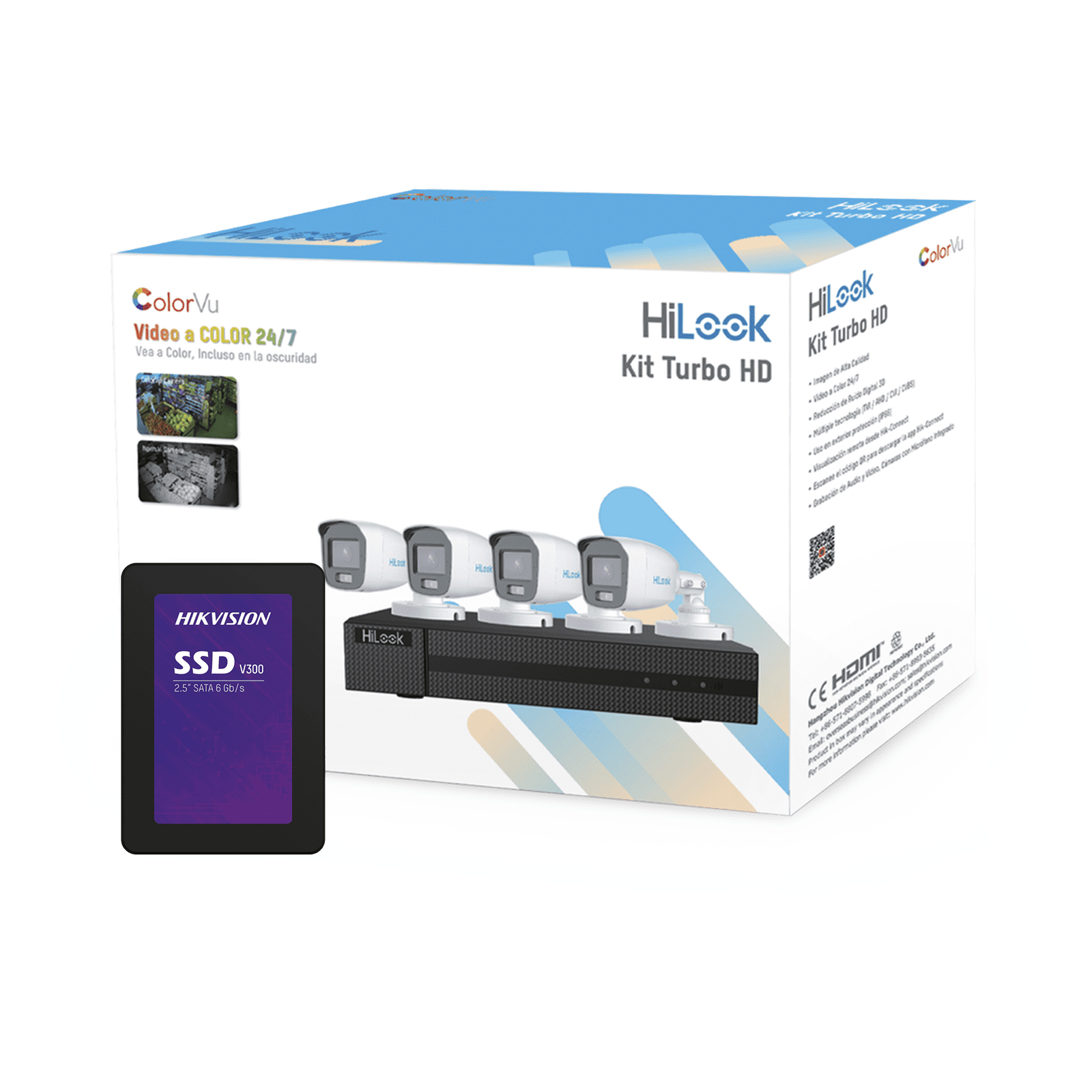 Kit TurboHD 1080p + SSD 500 GB / DVR 4 Canales / 4 Cámaras Bala ColorVu con Micrófono Integrado / Fuente de Poder / Accesorios de Instalación HL-1080-CV/A/512GB - HiLook by HIKVISION
