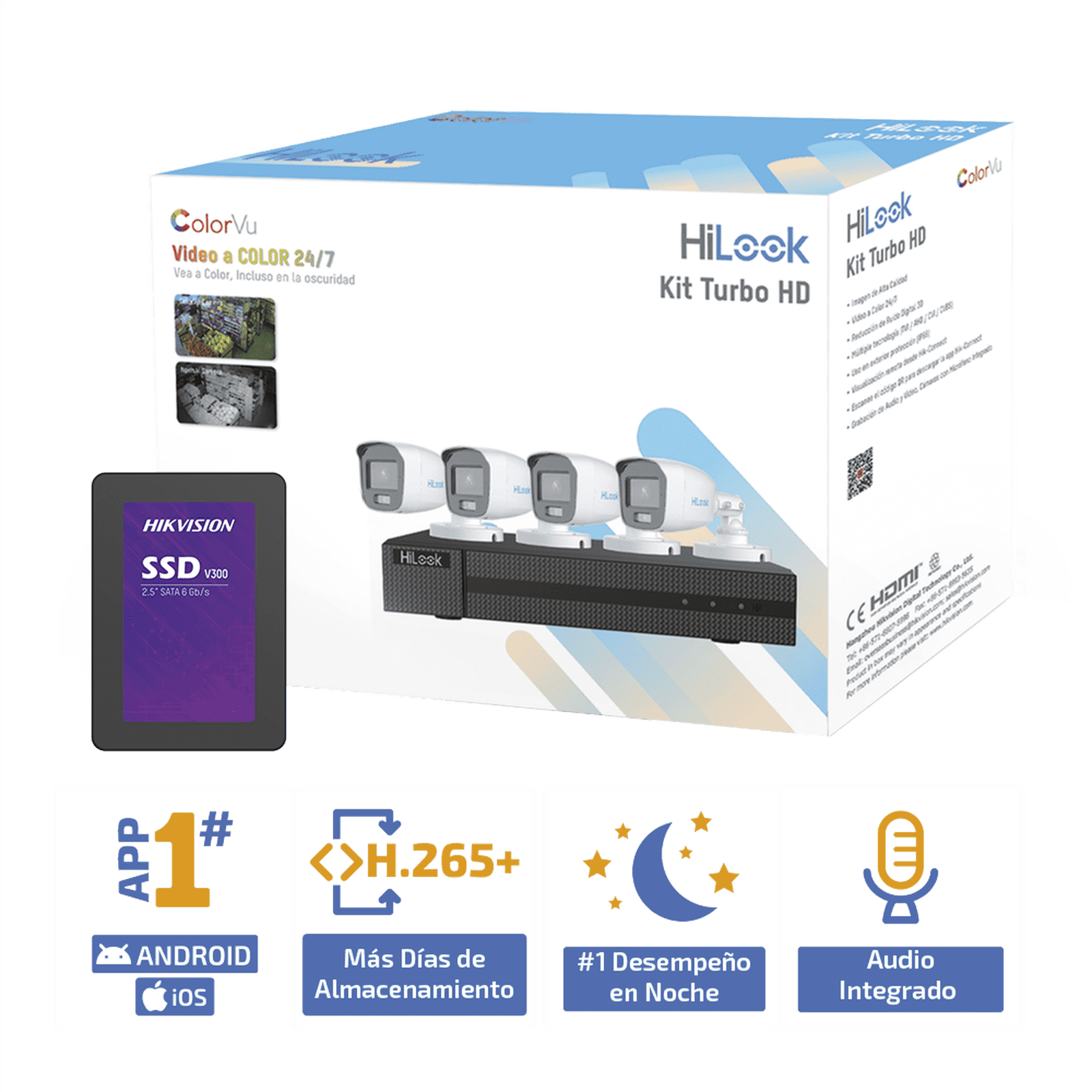 Kit TurboHD 1080p + SSD 500 GB / DVR 4 Canales / 4 Cámaras Bala ColorVu con Micrófono Integrado / Fuente de Poder / Accesorios de Instalación HL-1080-CV/A/512GB - HiLook by HIKVISION