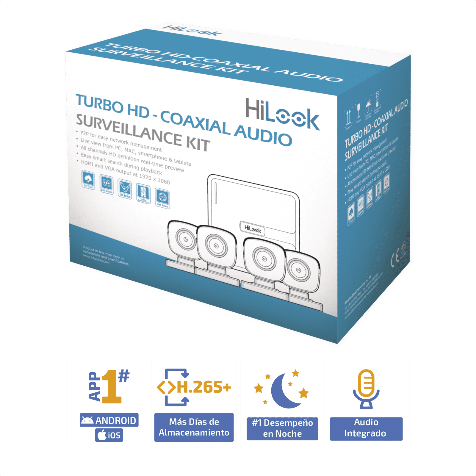 (MICRÓFONO Integrado) Kit TurboHD 1080p Lite / DVR 4 canales / Audio por Coaxitron / 4 Cámaras Bala de Policarbonato con Micrófono Integrado HL1080PS(C) - HiLook by HIKVISION