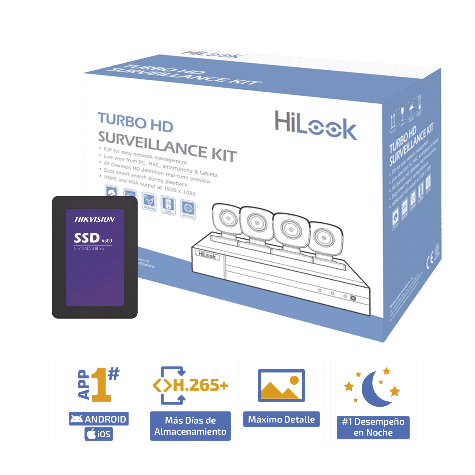 KIT TurboHD 1080p + SSD de 1 TB (1024 GB) / DVR 4 canales / 4 Cámaras Bala de Metal / Fuente de Poder / Accesorios de Instalación HL24LQKITS-M(B)/1TB - HiLook by HIKVISION