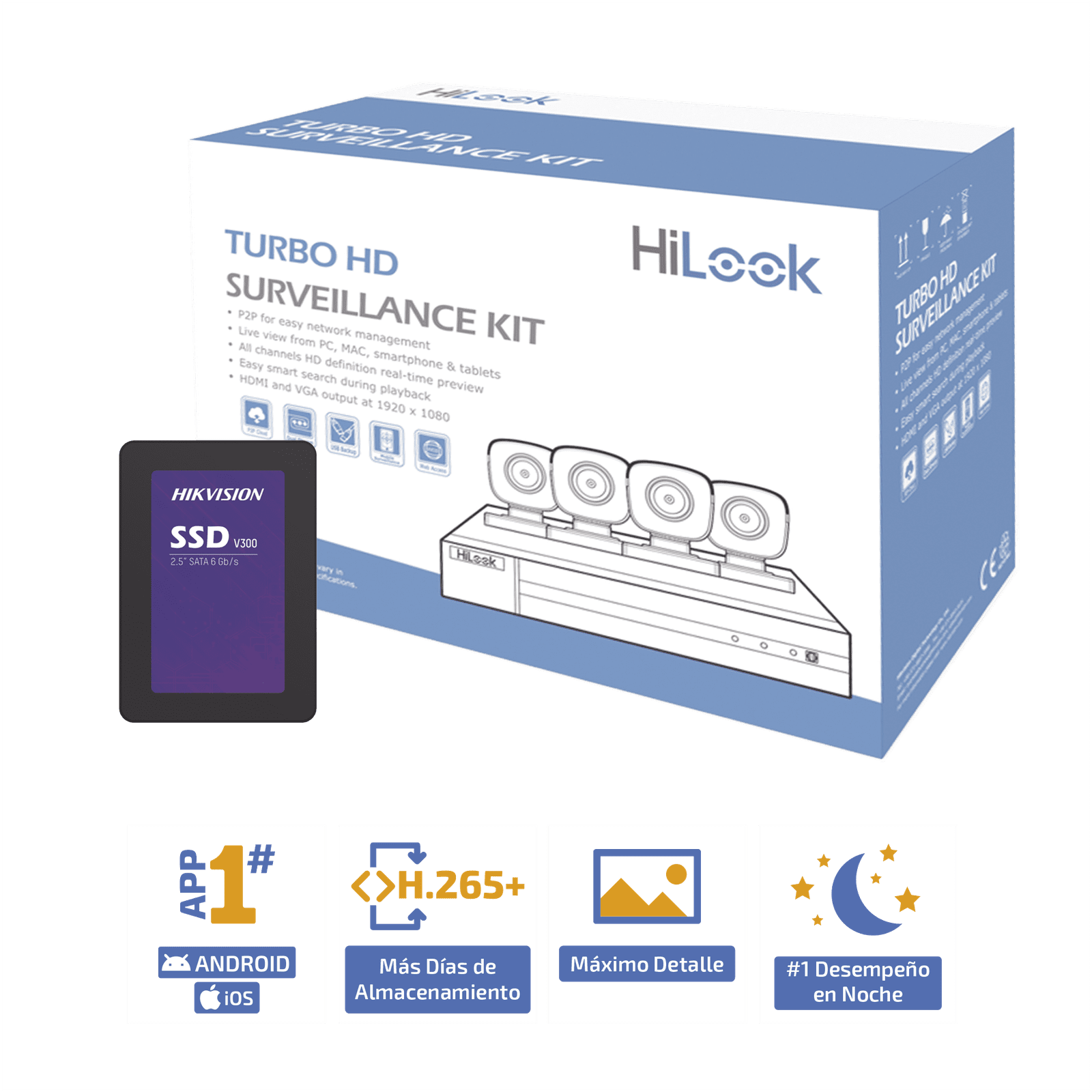 KIT TurboHD 1080p + SSD de 500 GB / DVR 4 canales / 4 Cámaras Bala de Metal / Fuente de Poder / Accesorios de Instalación HL24LQKITS-M(B)/512GB - HiLook by HIKVISION