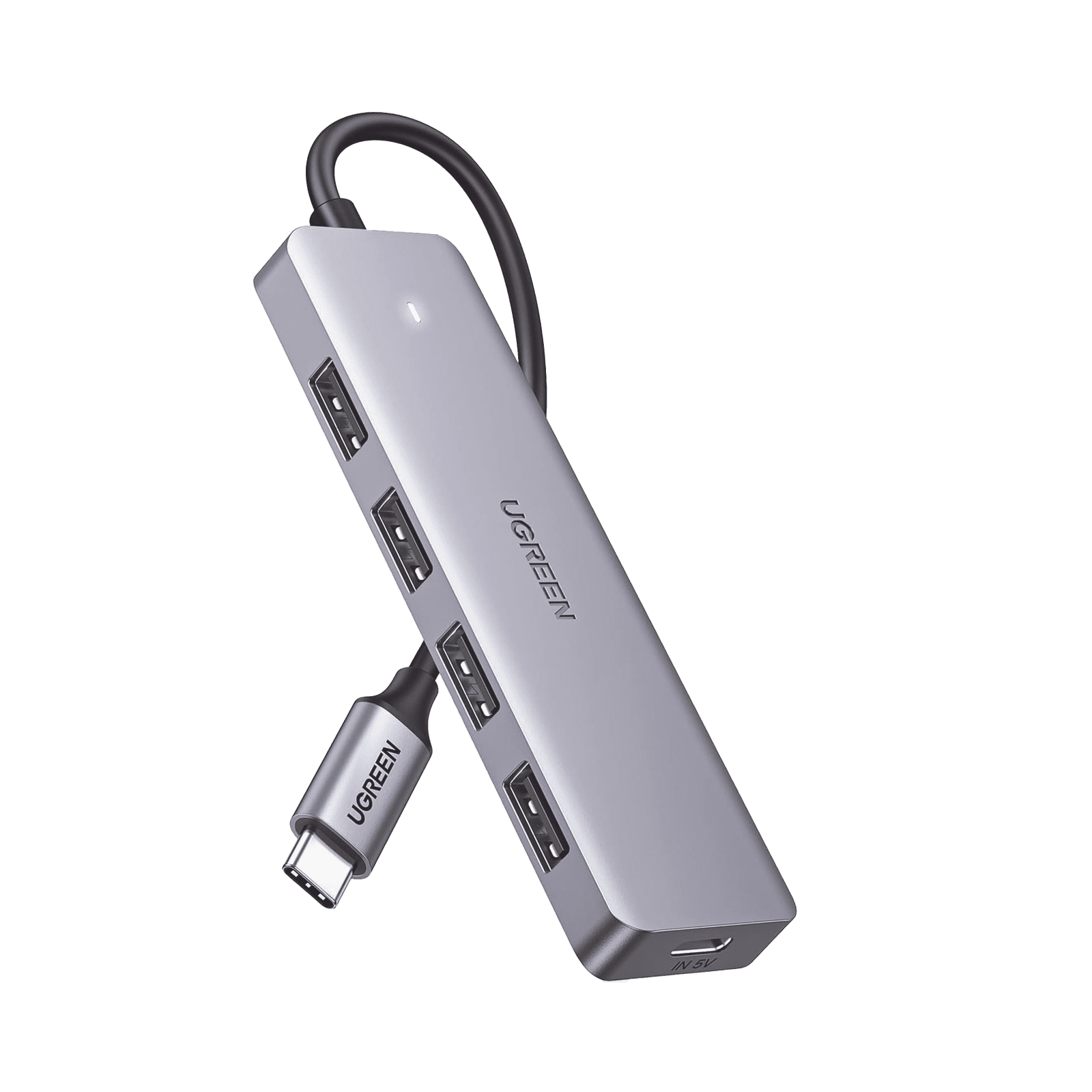 HUB USB-C 3.0 4 EN 1 | 4 Puertos USB-A (5Gbps) | Carcasa ABS + PC | Soporta OTG | Luz Indicadora LED | Compatible con iPhone 15 Pro MAX) | Interfaz Niquelada | Color Gris Metalizado | Cable de 15cm. 70336 - UGREEN