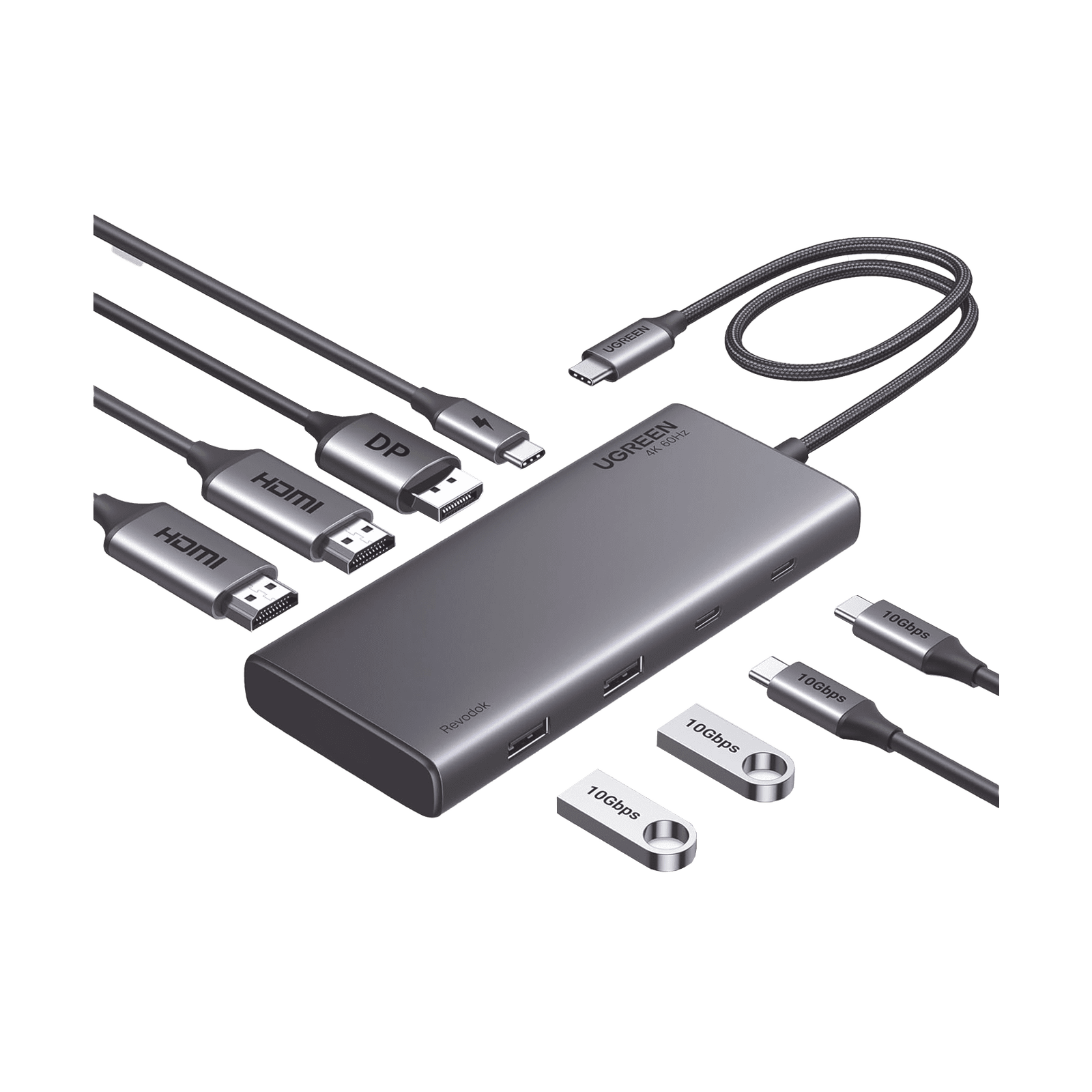 HUB USB-C (Docking Revodok 308) 8 en 1 | 2 Puertos HDMI 4K@60Hz | 1 Puerto DisplayPort 4K@60Hz 2 USB-A 10Gbps) | 2 USB-C (10Gbps) | USB-C PD Carga 100W | Chip de Ultima Generacion | Carcasa de Aluminio. 35625 - UGREEN