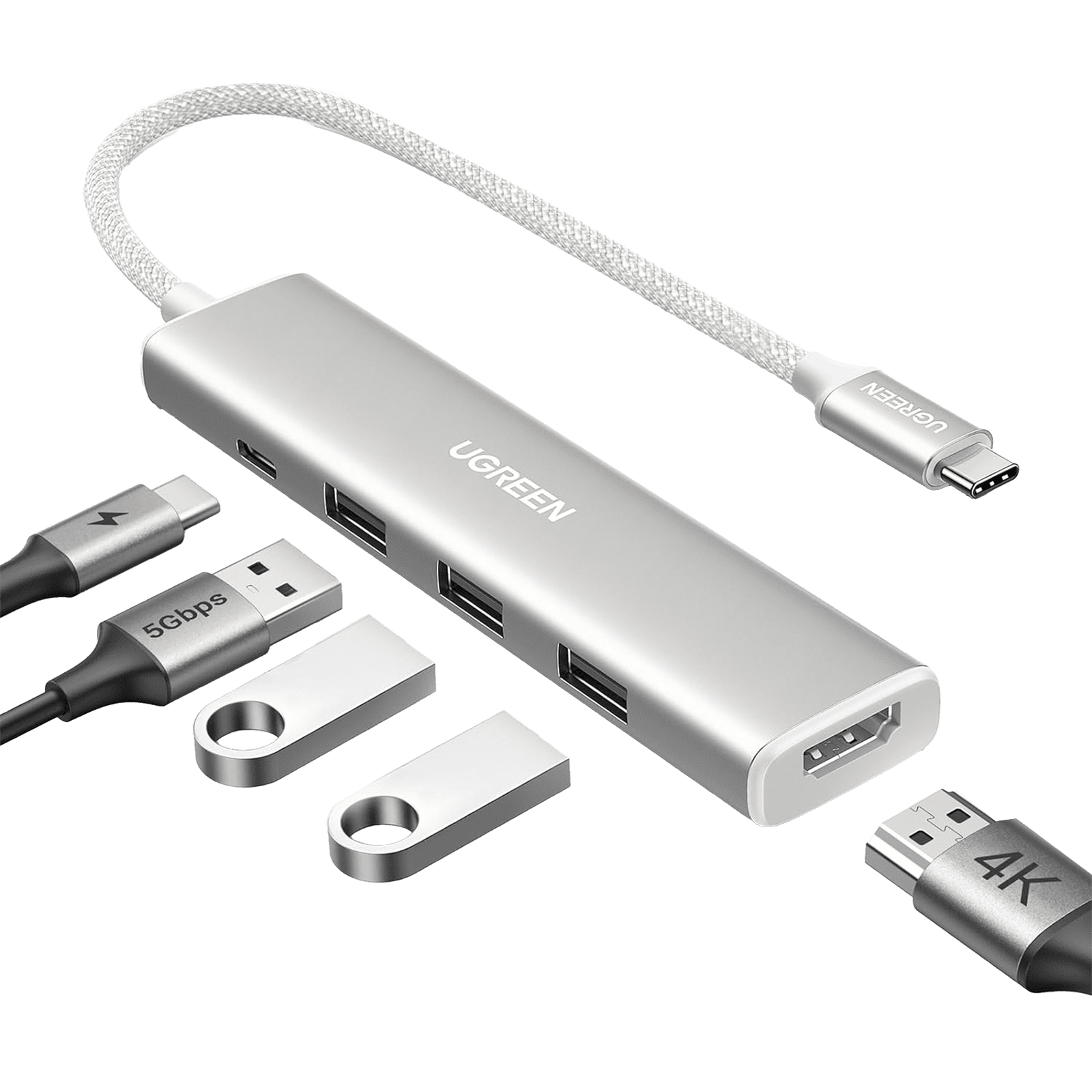 HUB USB-C (Docking Revodok) 5 en 1 | HDMI 2.0 4K@30Hz | 3 USB-A 3.0 (5Gbps) | USB-C PD Carga 100W | Chip de Última Generación | Cable de Nylon Trenzado de 25 cm | Carcasa de Aluminio | Color Blanco. 35580 - UGREEN