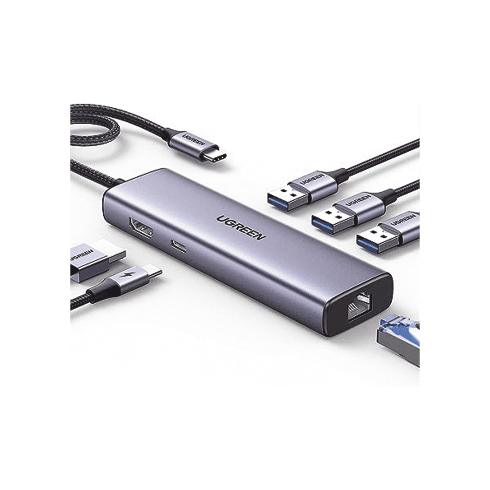 HUB USB-C (Docking Revodok) 6 en 1 | 3 Puertos USB-A 3.0 (5 Gbps) | USB-C PD 100W | HDMI 4K@30Hz | Entrada 1 RJ45 (Gigabit Ethernet) | Chip de Última Generación | Potente Disipación de Calor |  Caja de Aluminio. 15598 - UGREEN