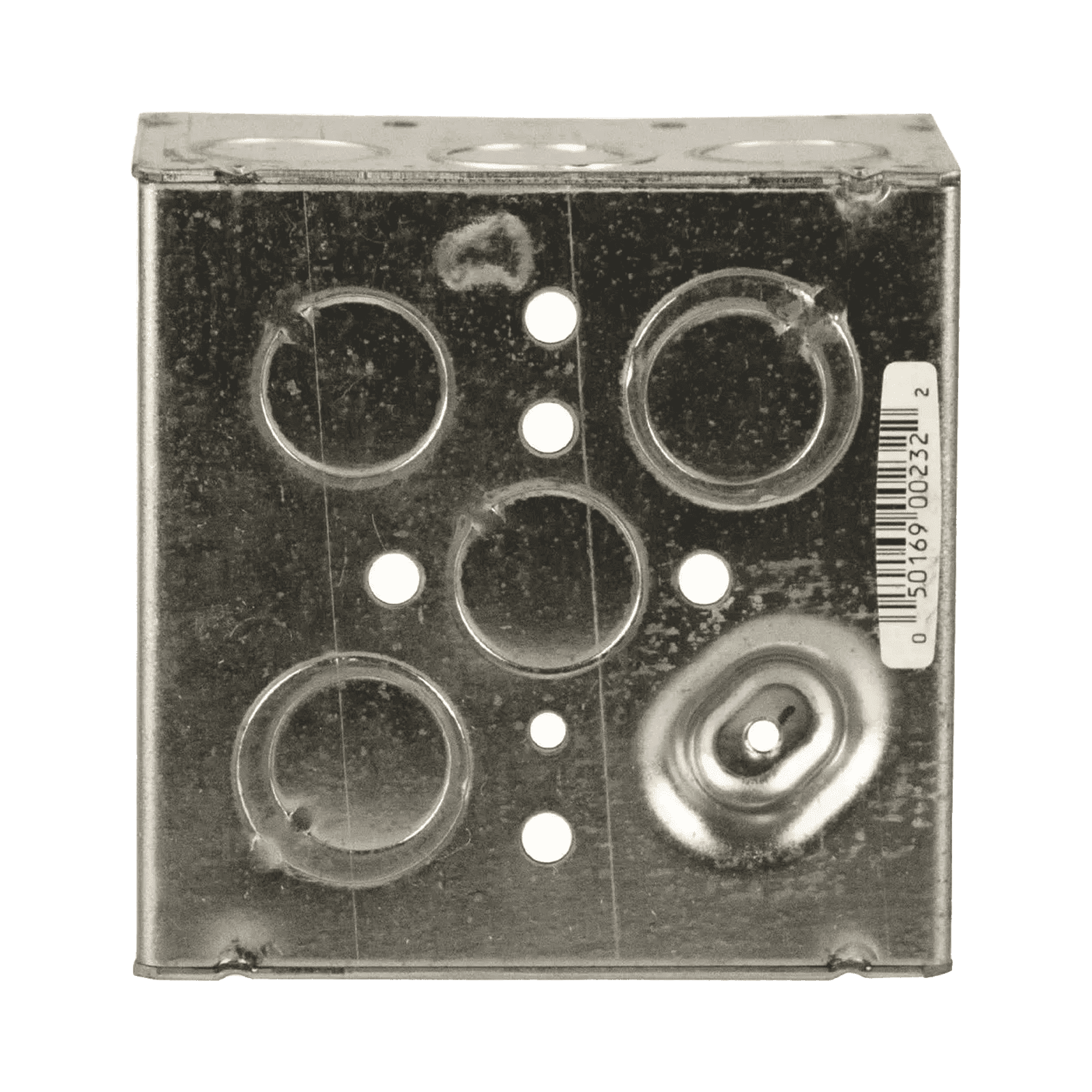 Caja Cuadrada Galvanizada de 4″ x 4″, profundidad de 2 1/8″. Cuenta con 10 KO de 1/2″ y 6 TKO (1/2″ – 3/4″)) HUB-232 - RACO