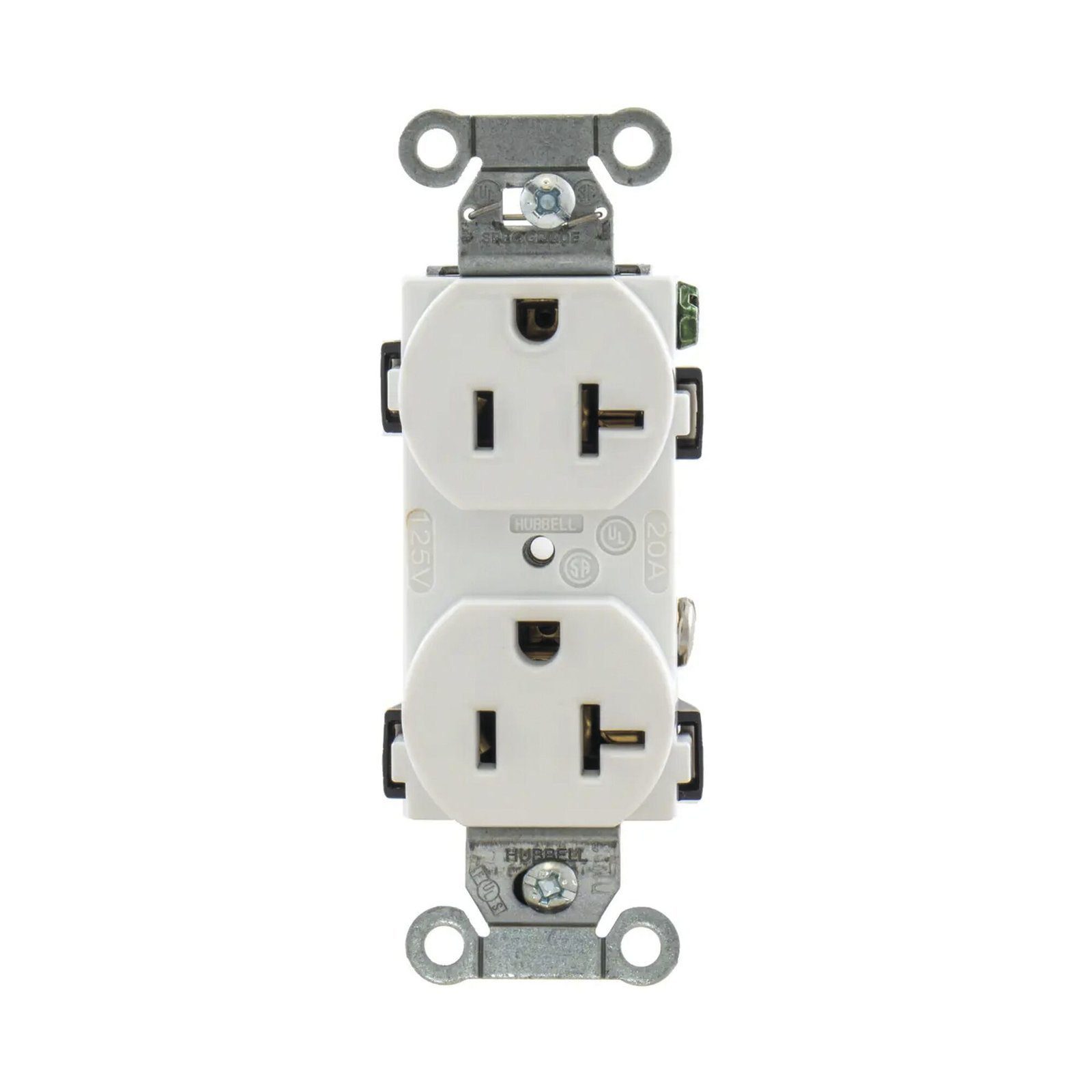 Contacto Dúplex 20 A, 125 V, 2 Polos, 3 Hilos, Cableado Posterior y Lateral, Color Blanco (Nema 5-20R). HUB-BR-20-WHI - HUBBELL