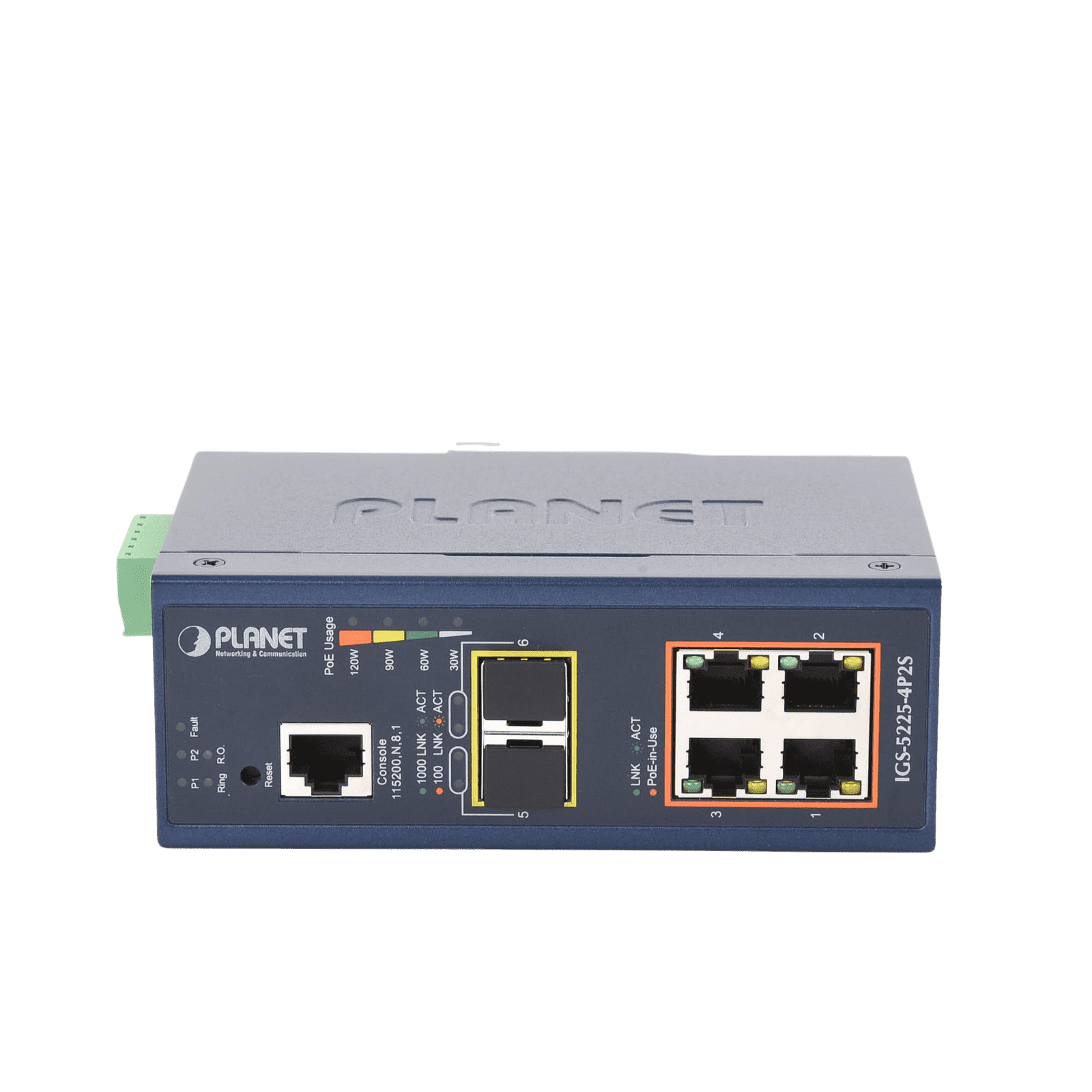Switch Industrial Administrable Capa 2, 4 Puertos PoE 802.3af/at 10/100/1000T, 2 Puertos SFP 100/1000X IGS-5225-4P2S - PLANET