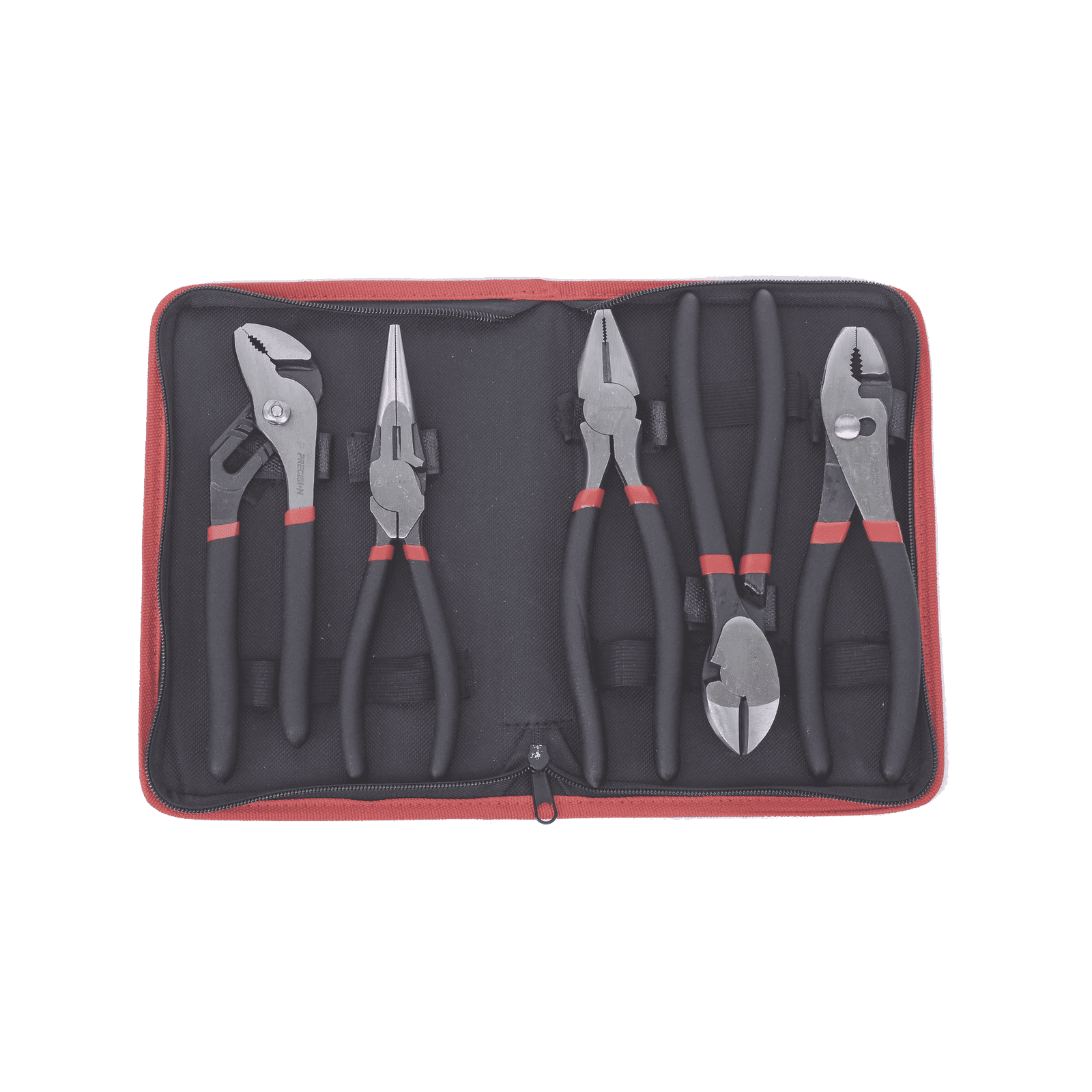 Juego de 5 Pinzas de 8″ con Estuche. Incluye: P. Mecánica, P. para Tubo, P. Eléctrica, P. Corte, Nariz Larga. PST-H010-03 - PRECISION