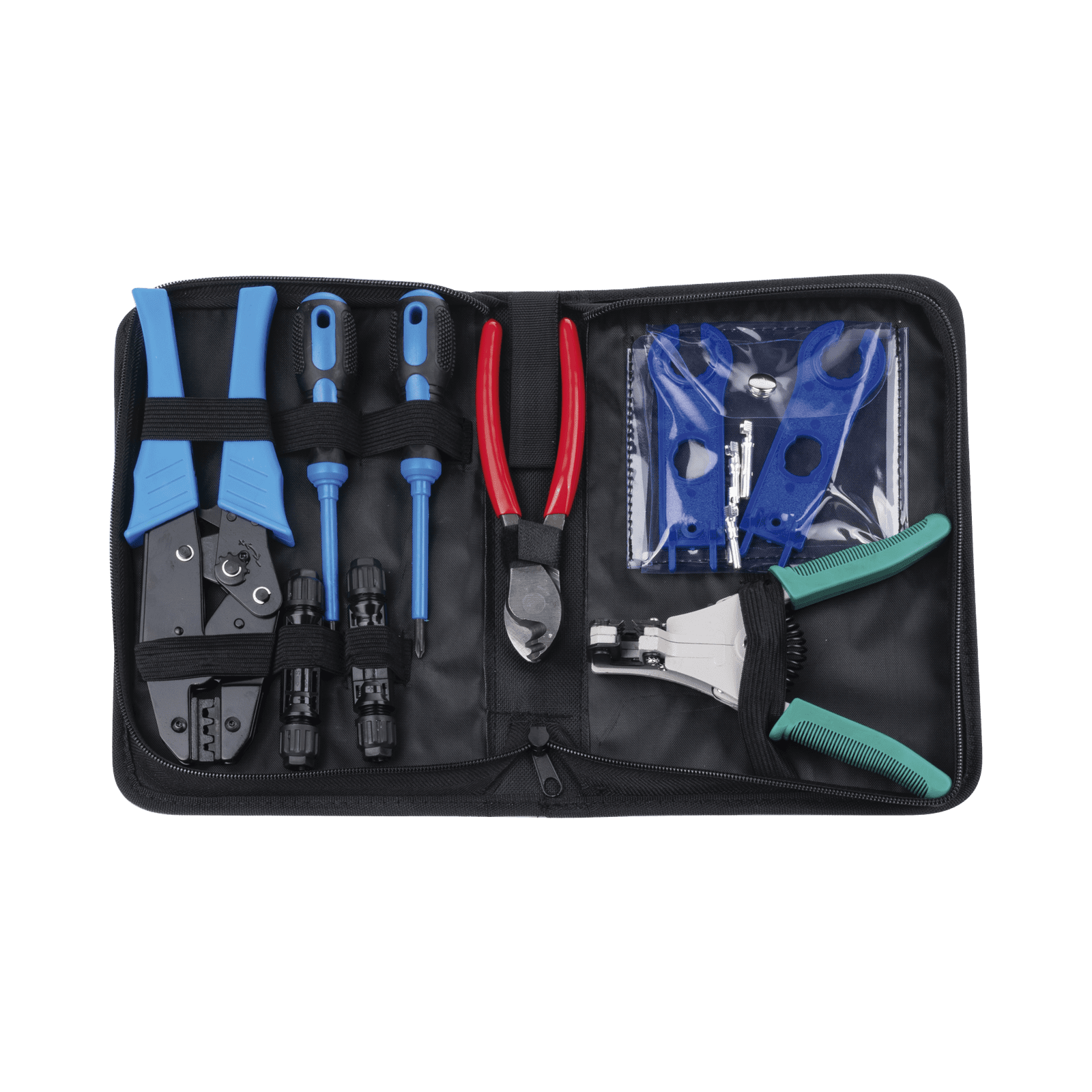 Juego de Herramientas y Accesorios, para Instalación de Sistema Solar. Incluye: Pinzas (3), Desarmadores (2), Llaves (2) y Accesorios (7). EPMC42 - EPCOM POWERLINE