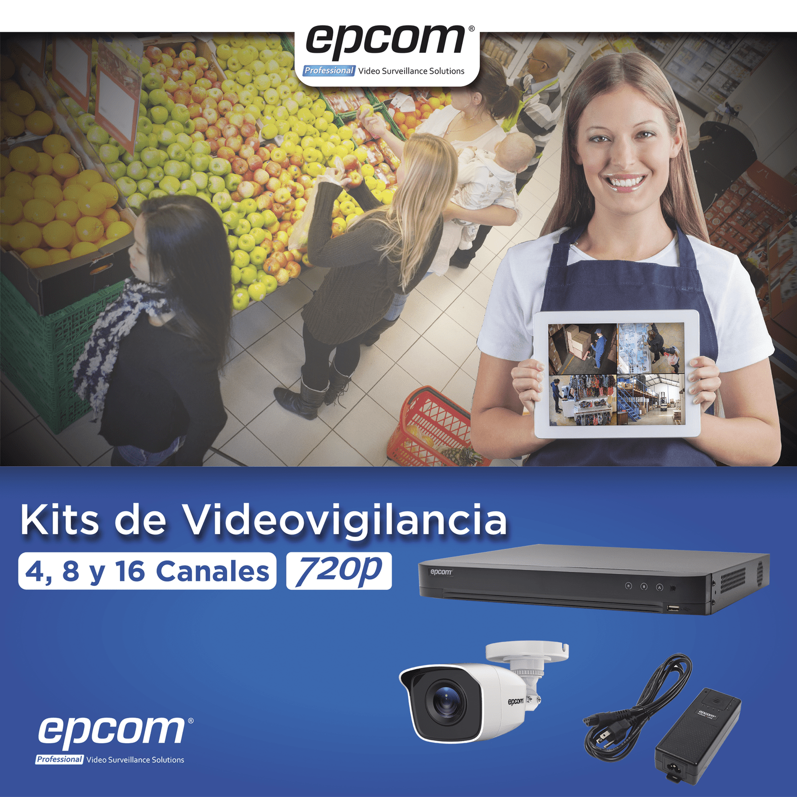 KIT TurboHD 1080p / DVR 4 Canales / 4 Cámaras Bala Metálicas (exterior 2.8 mm) / Transceptores / Conectores / Fuente de Poder Profesional KEVTX8T4BW - EPCOM PROFESSIONAL