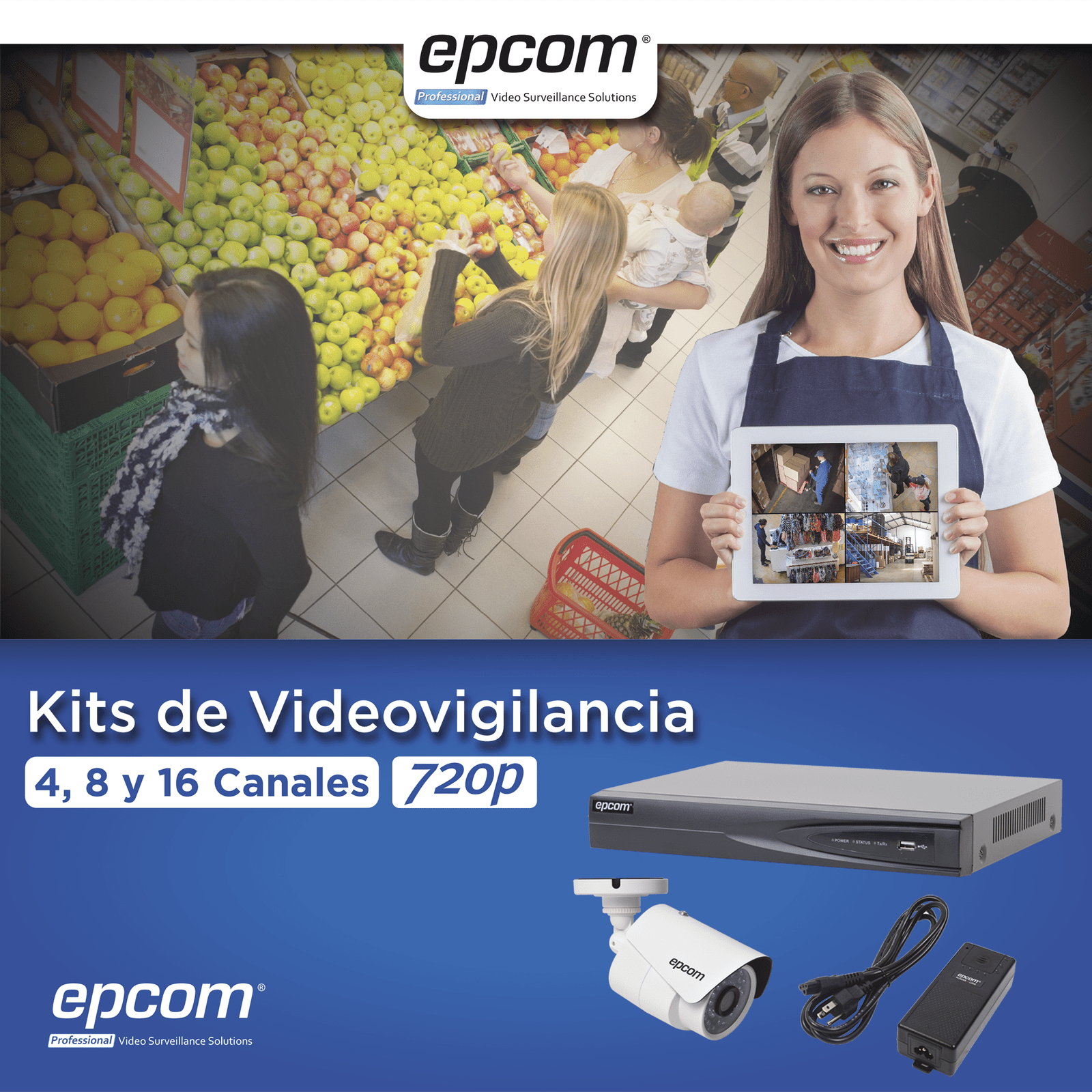 KIT TurboHD 1080p / DVR 4 Canales / 4 Cámaras Bala Metálicas (exterior 2.8 mm) / Transceptores / Conectores / Fuente de Poder Profesional KEVTX8T4BW - EPCOM PROFESSIONAL