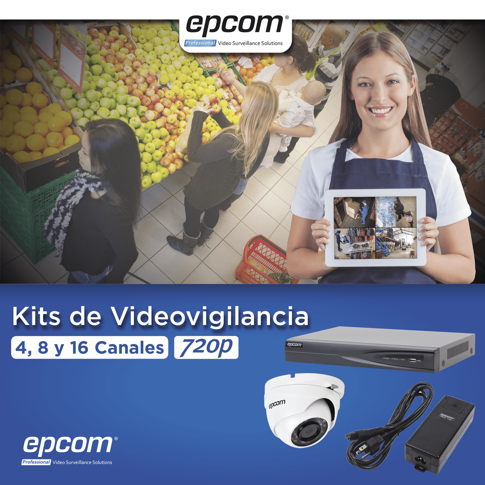 KIT TurboHD 1080p / DVR 4 Canales / 4 Cámaras Eyeball (exterior 2.8 mm) / Transceptores / Conectores / Fuente de Poder Profesional KEVTX8T4EW - EPCOM PROFESSIONAL