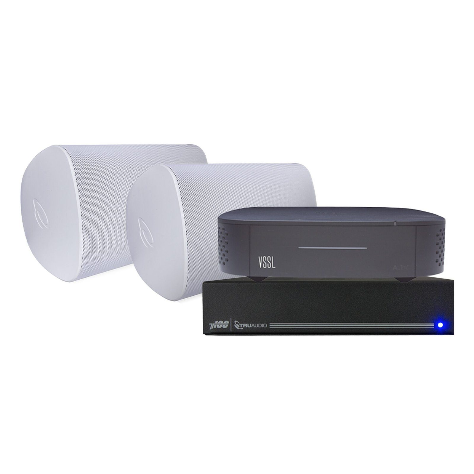 KIT Amplificador VSSL A1X | 2 Bocinas para Montaje Superficial de 6in de TruAudio Modelo OP6WT | Color Blanco IP66 A1X/2WSW-T100 - VSSL