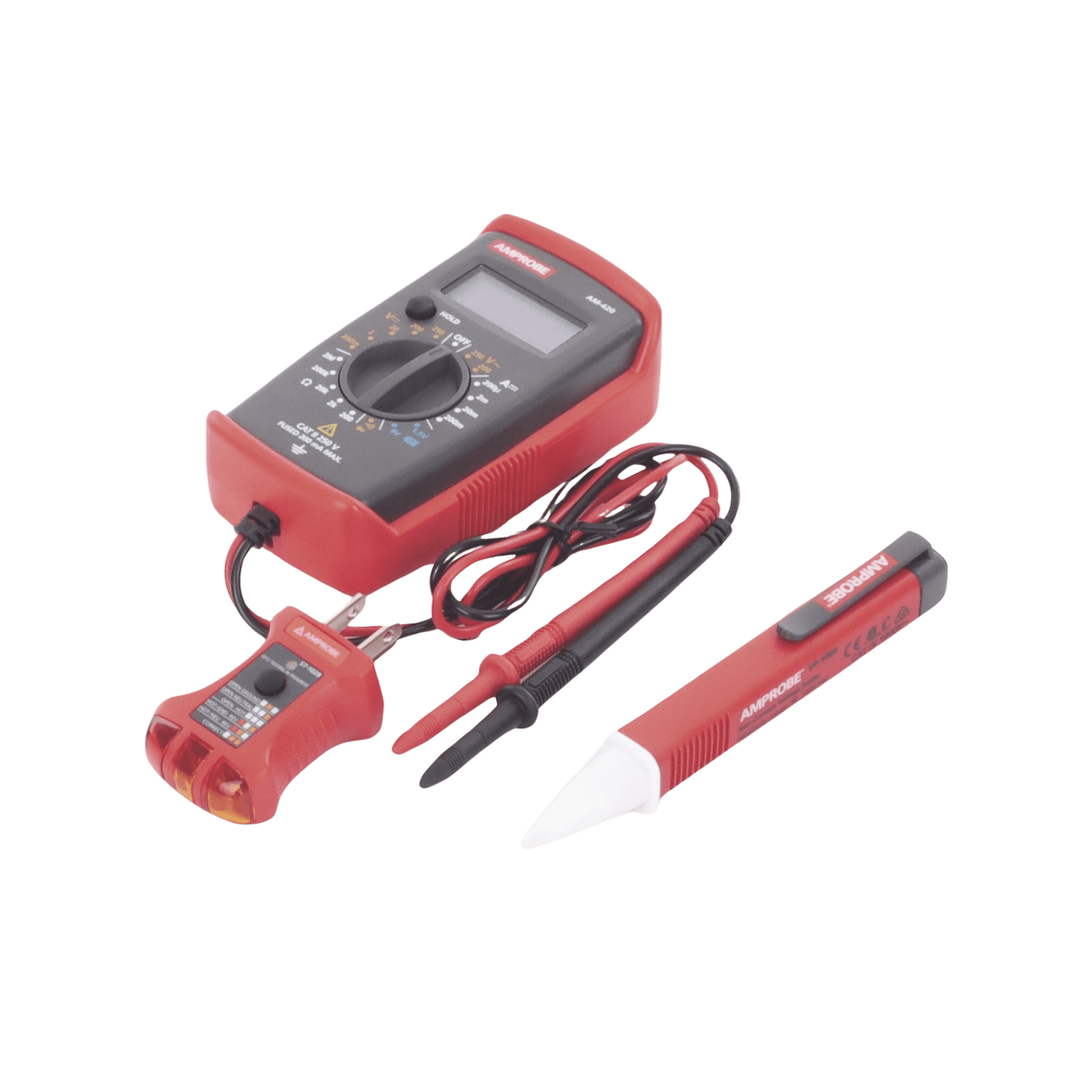 KIT Básico 3 en 1 con Multímetro Digital + Detector de Tensión sin Contacto + Comprobador de Fase GFCI PK-110 - AMPROBE