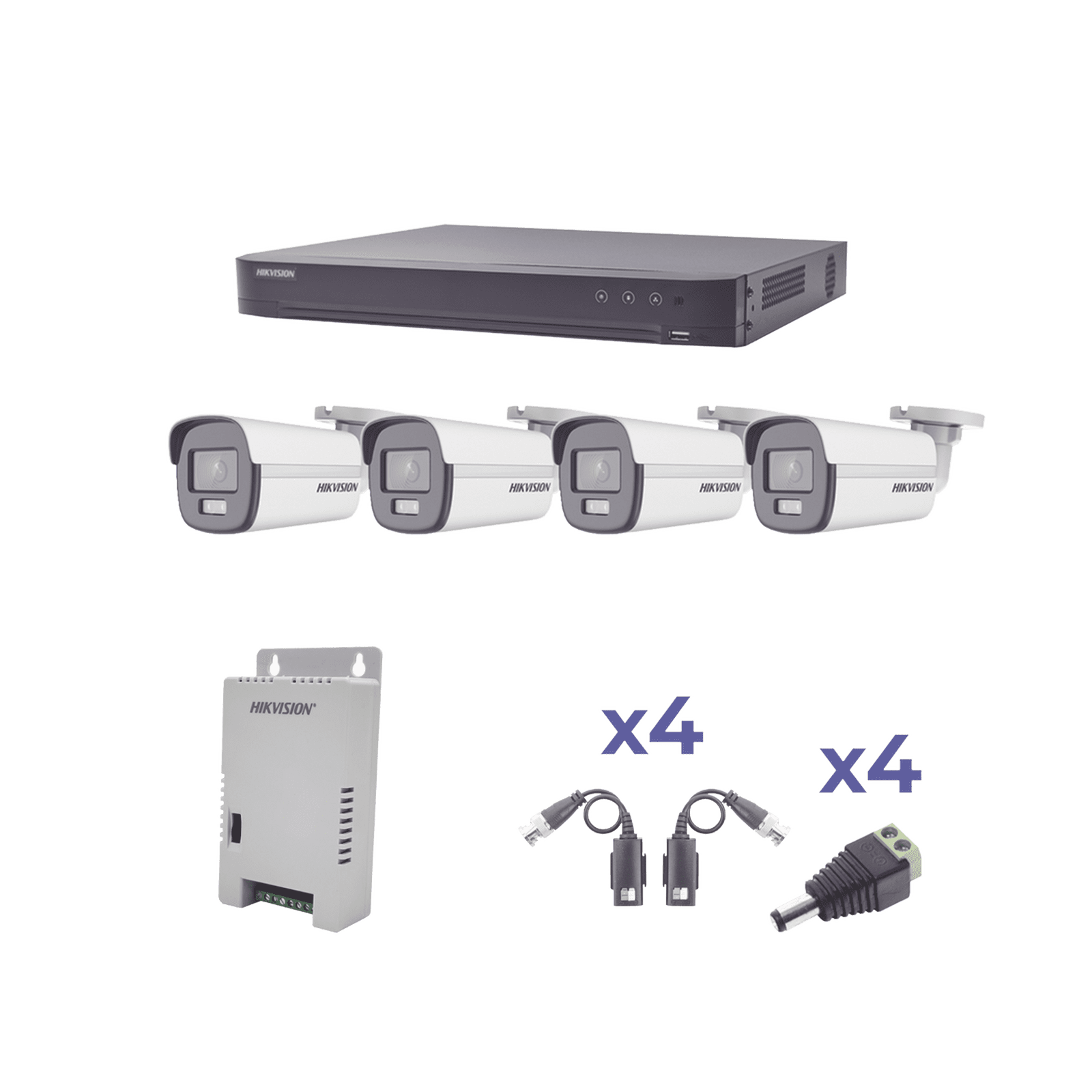 KIT COLORVU TURBOHD 1080p / DVR 4 Canales / 4 Cámaras Bala (exterior) lente 2.8mm / Fuente de poder profesional / Transceptores de video y Accesorios de corriente KH1080P4BC - HIKVISION