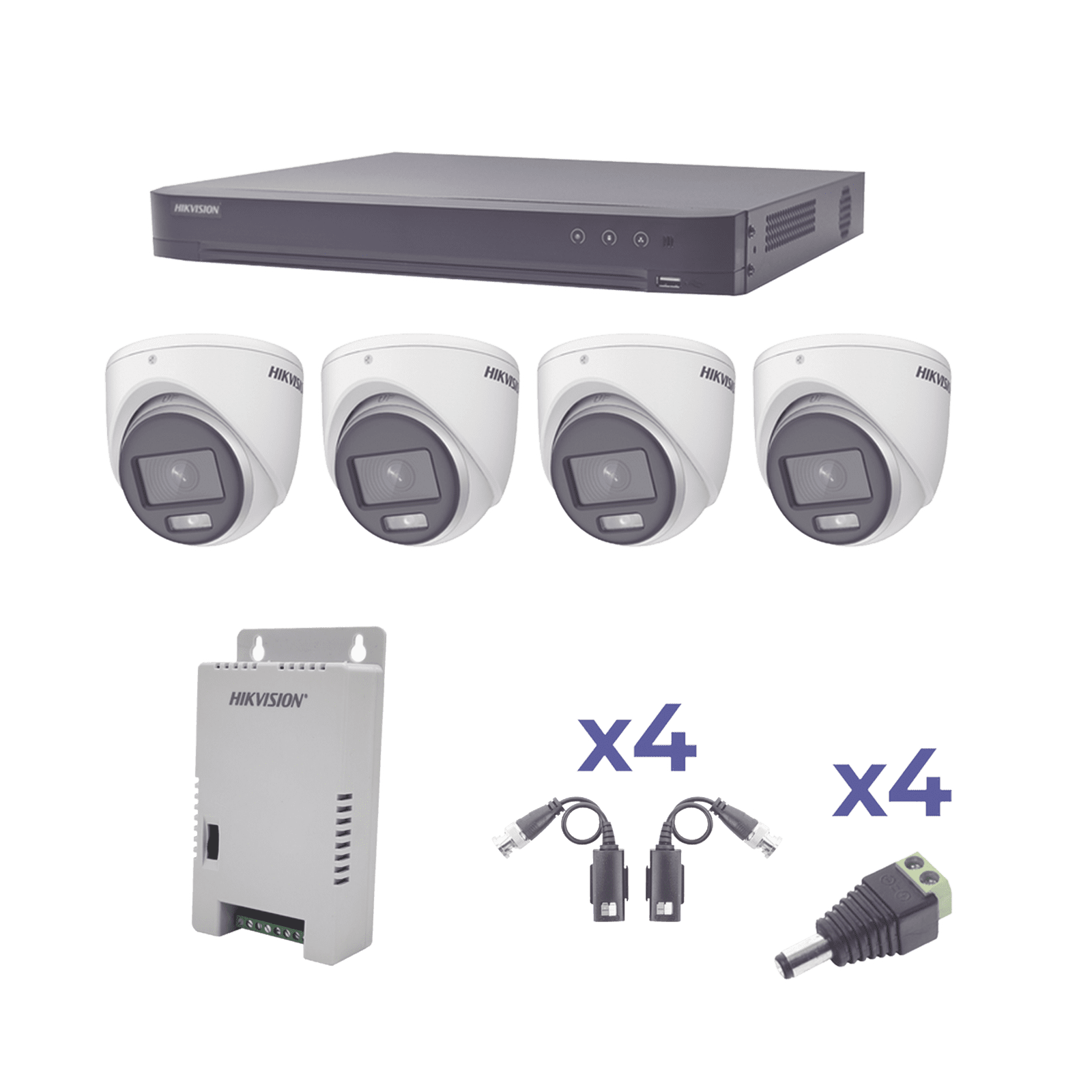 KIT COLORVU TURBOHD 1080p / DVR 4 Canales / 4 Cámaras eyeball (exterior) lente 2.8mm / Fuente de poder profesional / Transceptores de video y Accesorios de corriente KH1080P4EC - HIKVISION