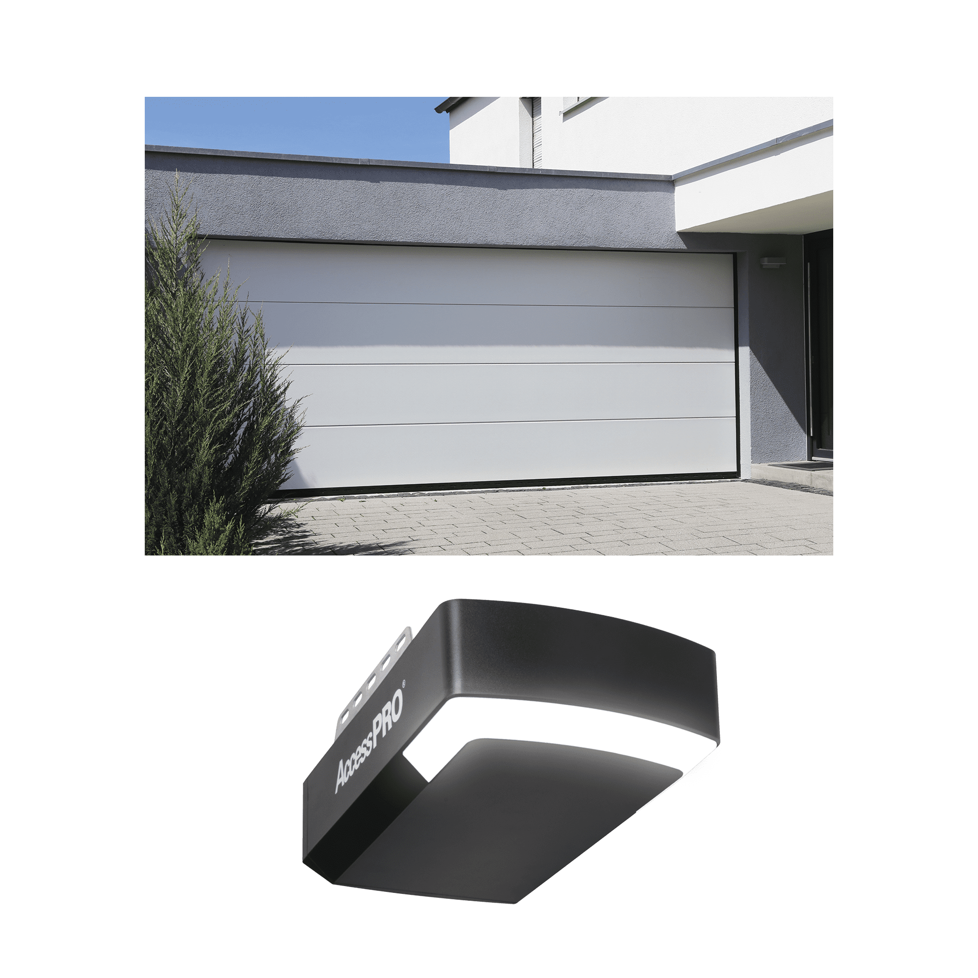 KIT COMPLETO Puerta D/ Garage 14×7 Pies / Lisa Linea Central / Color blanco / Insulada / Incluye Motor FS1000APPRT / 1/2HP / Fuerte/Silencioso/Luz LED/Motor DC . KITGAR147 - AccessPRO