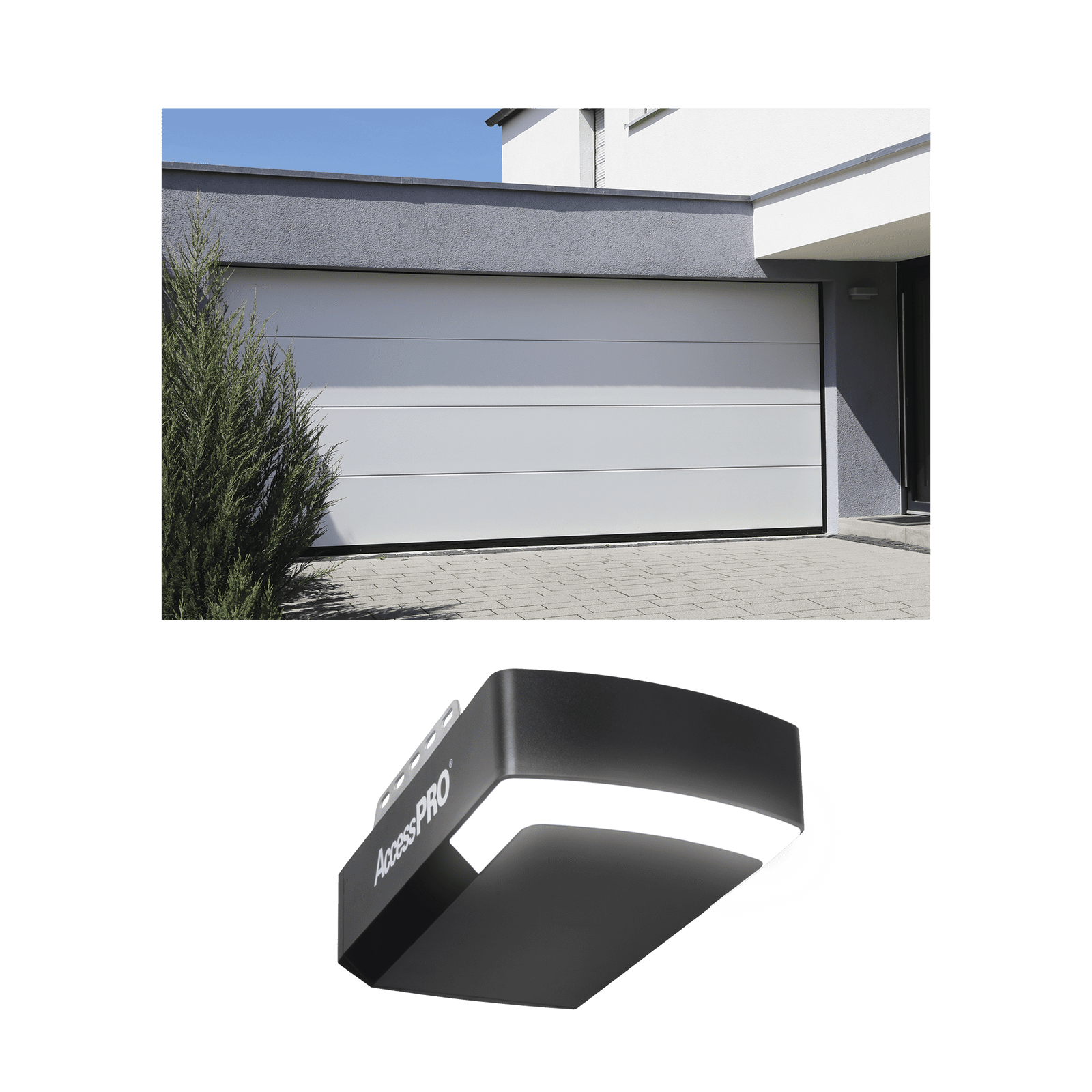KIT COMPLETO Puerta D/ Garage 8×8 Pies / Lisa Linea Central / Color blanco / Insulada / Incluye Motor FS1000APPRT / 1/2HP / Fuerte/Silencioso/Luz LED/Motor DC . KITGAR88 - AccessPRO