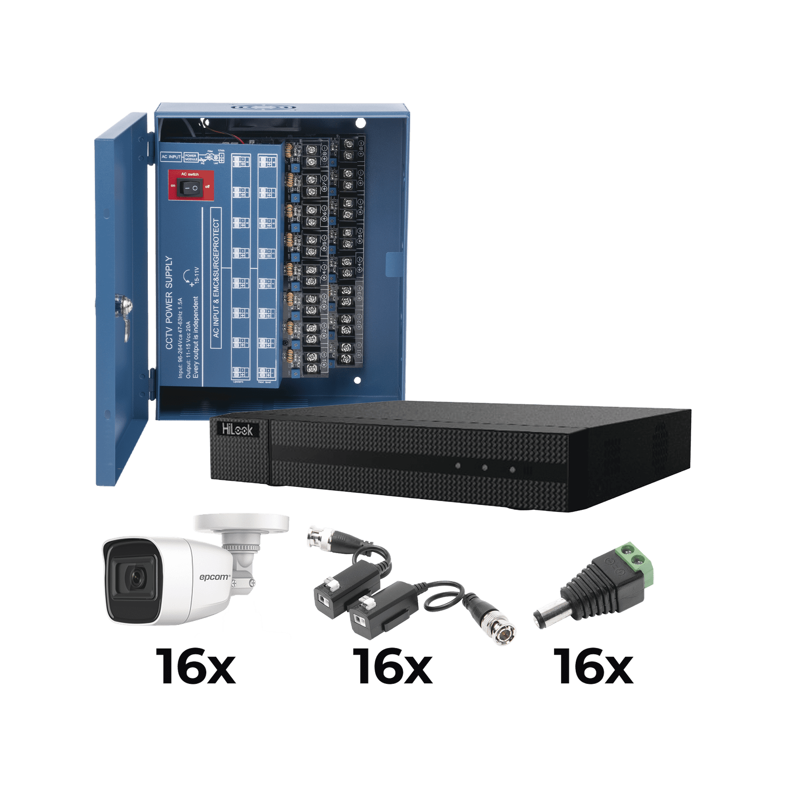 KIT TurboHD 1080p / DVR 16 Canales / 16 Cámaras Bala Policarbonato con Microfono (exterior 2.8 mm) / Transceptores / Conectores / Fuente de Poder Profesional KESTX8T16BGP/A - EPCOM PROFESSIONAL