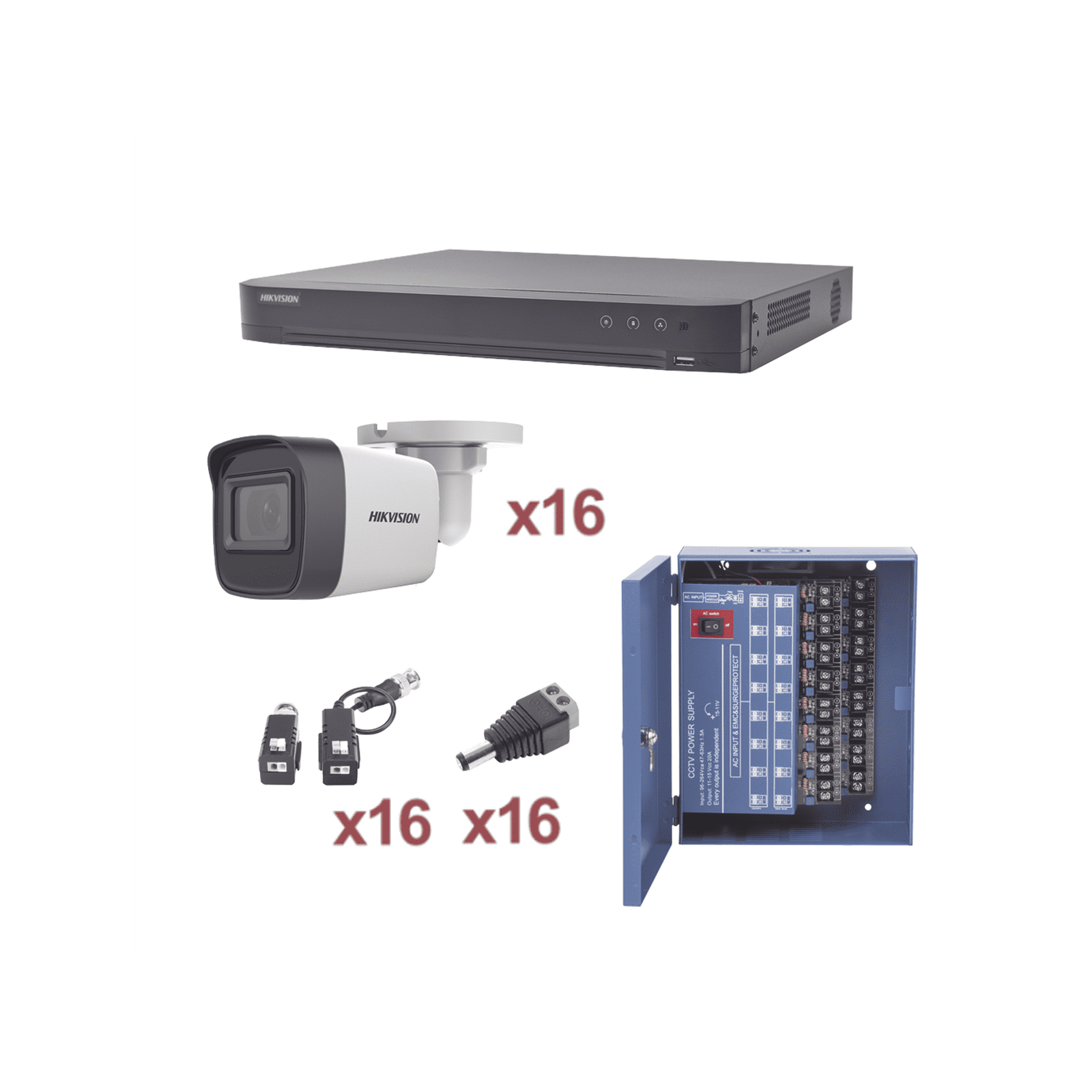 KIT TurboHD 1080p / DVR 16 Canales / 16 Cámaras Bala (exterior 2.8 mm) / Transceptores / Conectores / Fuente de Poder Profesional KH1080P16BW - HIKVISION