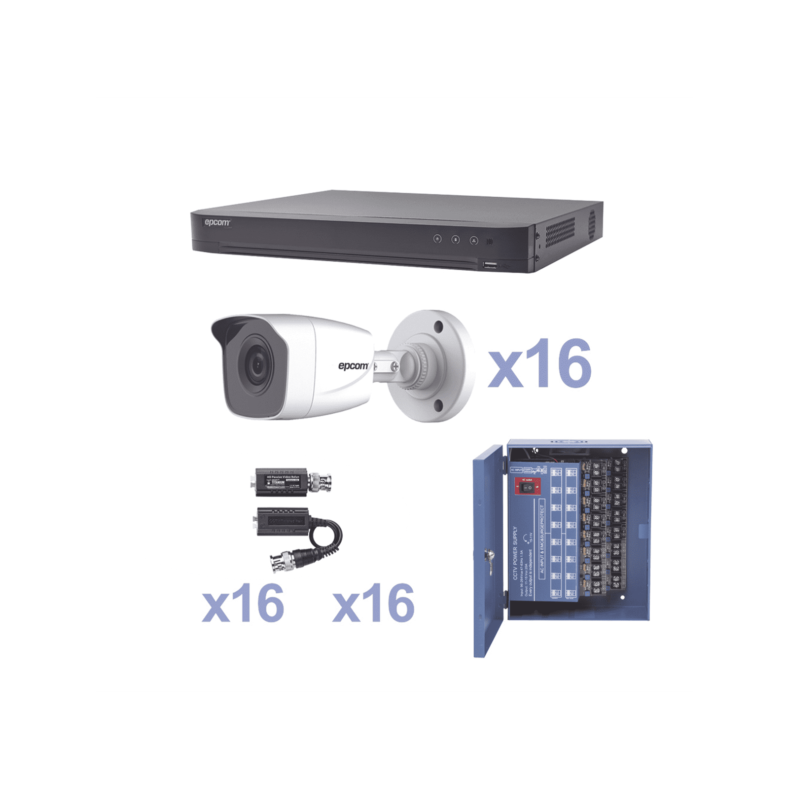 KIT TurboHD 1080p / DVR 16 Canales / 16 Cámaras Bala (exterior 2.8 mm) / Transceptores / Conectores / Fuente de Poder Profesional KEVTX8T16BW - EPCOM PROFESSIONAL
